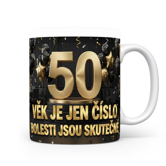 Hrnček s číslem 50 a vtipným textem