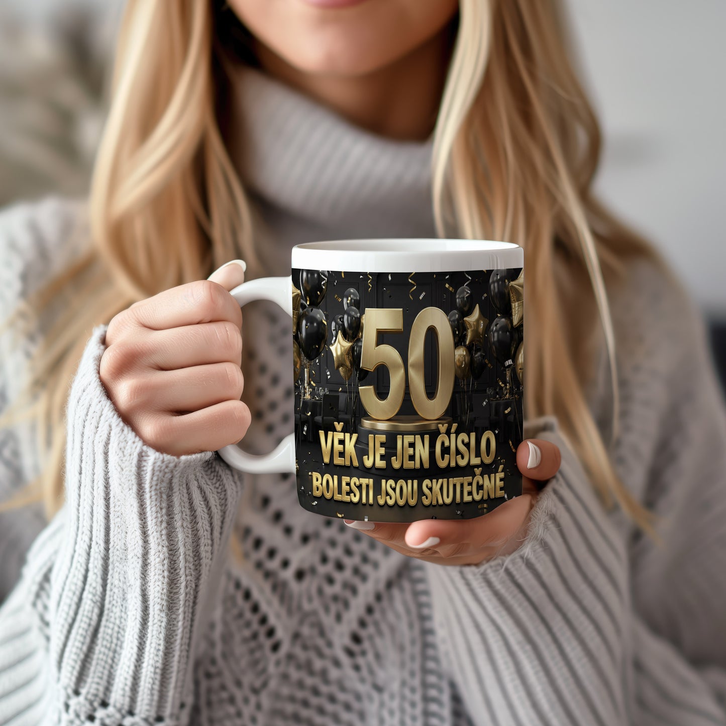 Narozeninový hrnek 50 let – VĚK JE JEN ČÍSLO, BOLESTI JSOU SKUTEČNÉ