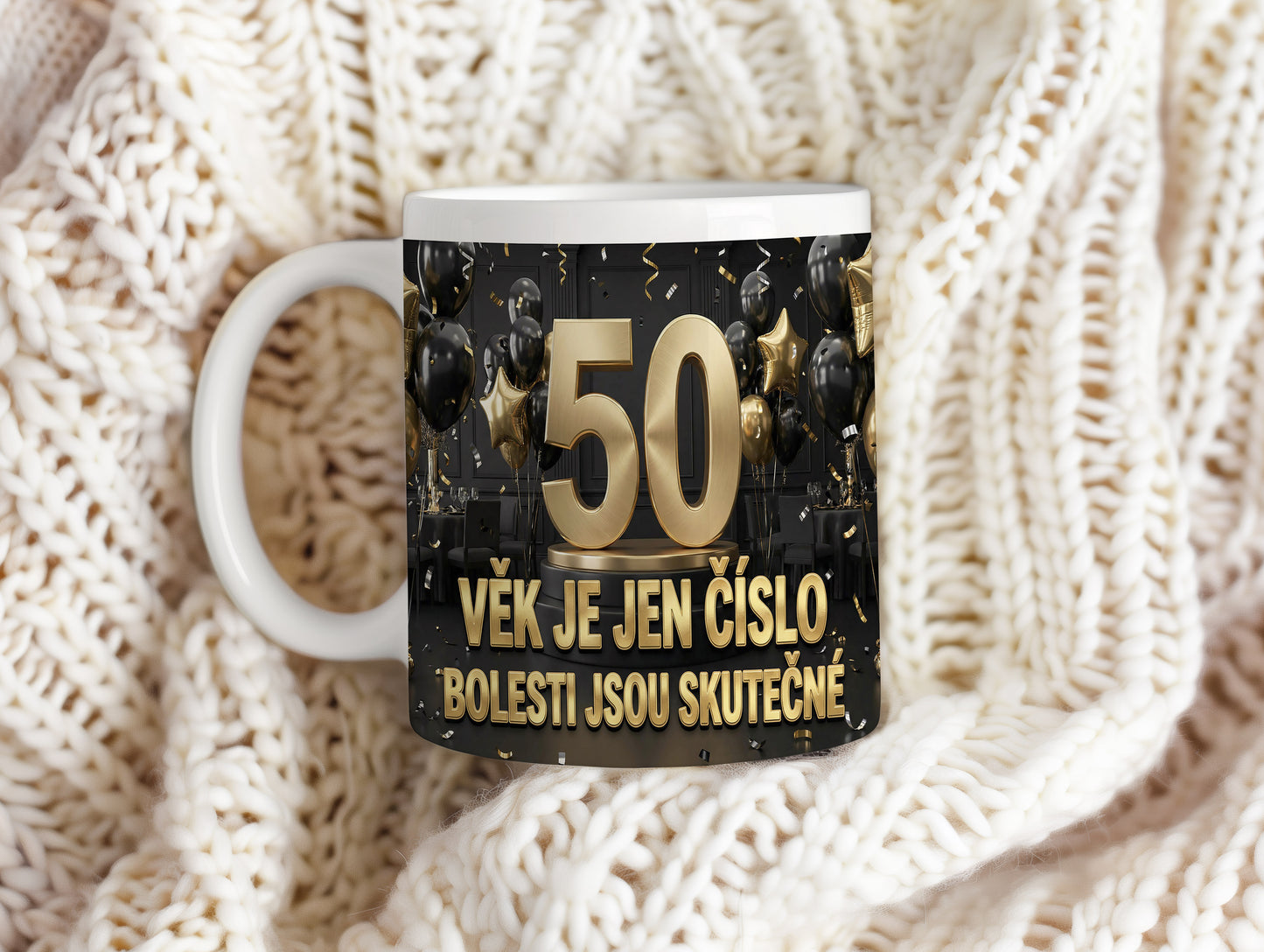Narozeninový hrnek 50 let – VĚK JE JEN ČÍSLO, BOLESTI JSOU SKUTEČNÉ