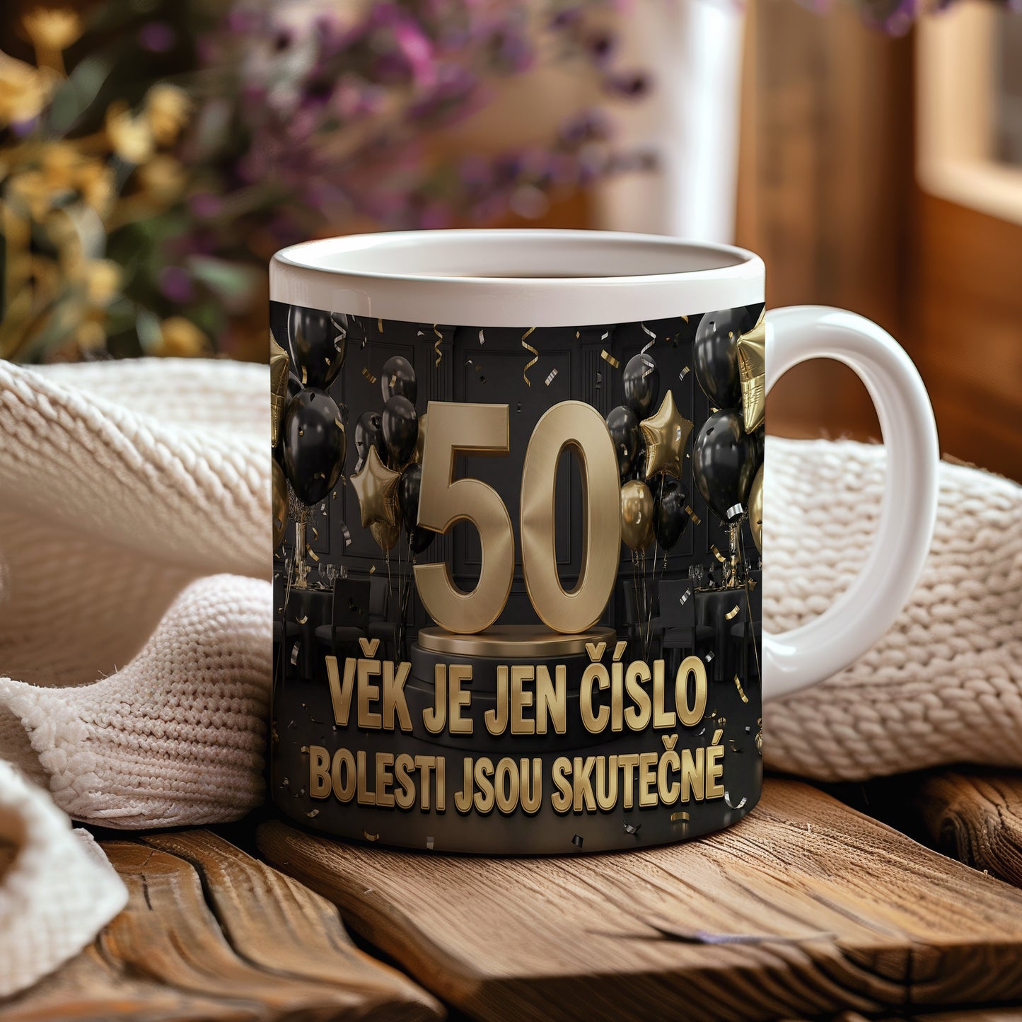 Narozeninový hrnek 50 let – VĚK JE JEN ČÍSLO, BOLESTI JSOU SKUTEČNÉ