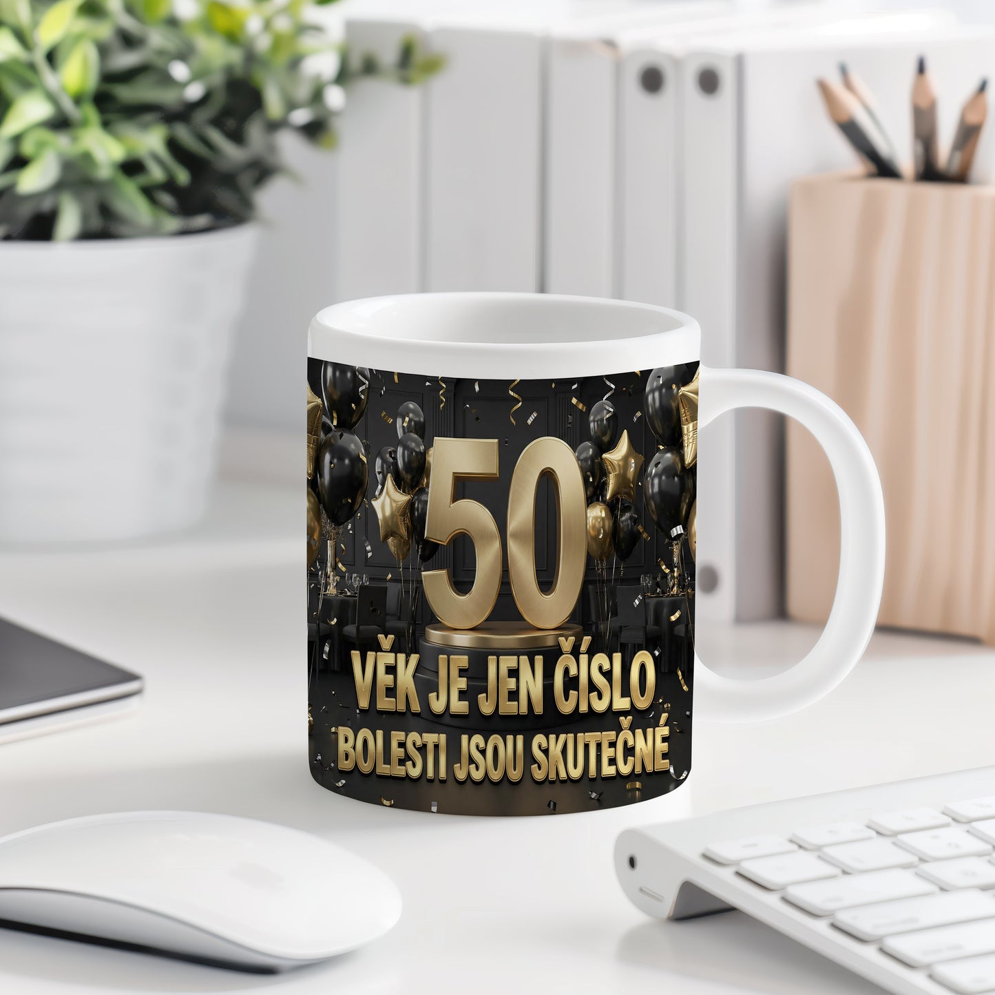 Narozeninový hrnek 50 let – VĚK JE JEN ČÍSLO, BOLESTI JSOU SKUTEČNÉ