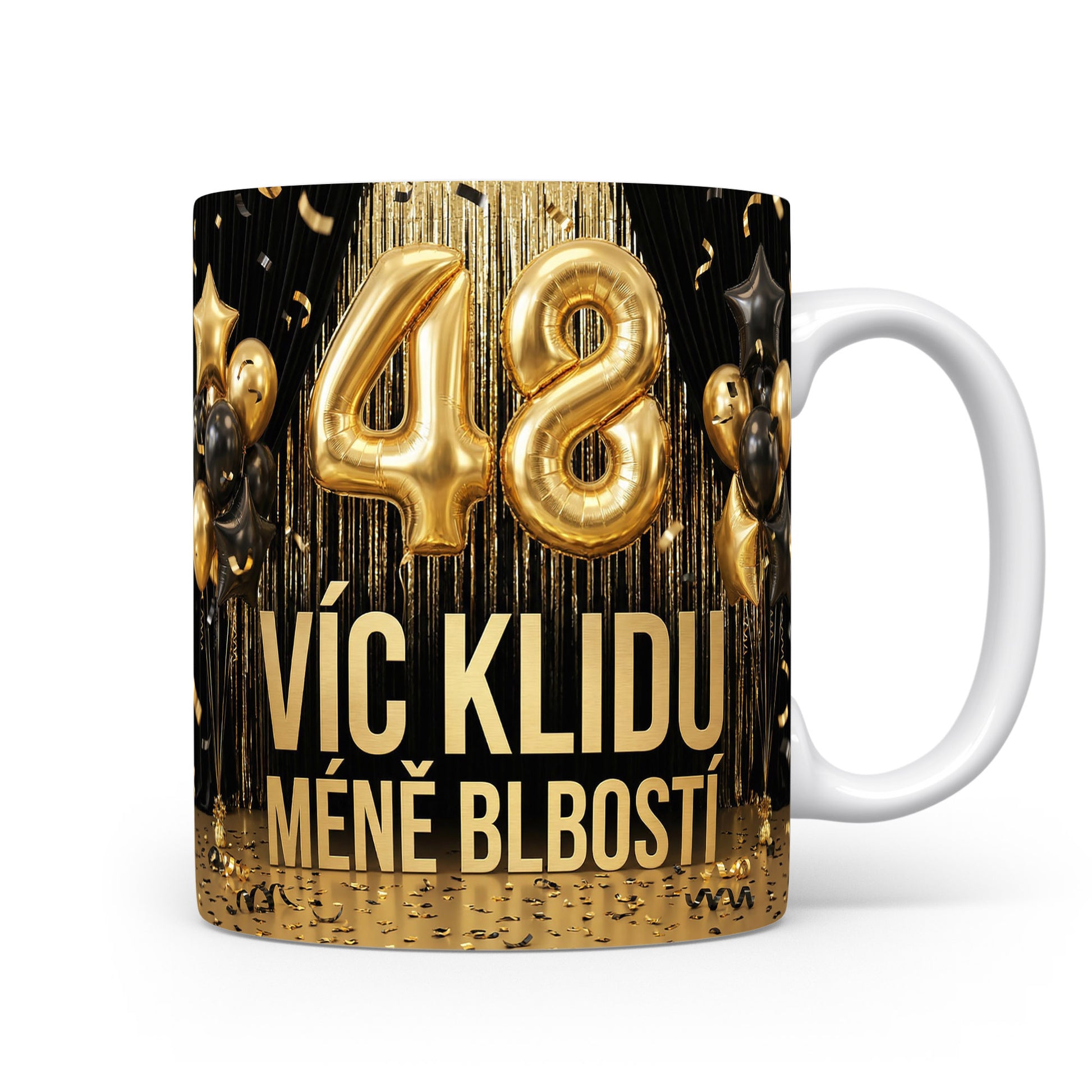 Narozeninový hrnek s číslem 48 a nápisem 'VÍC KLIDU MÉNĚ BLBOSTÍ'