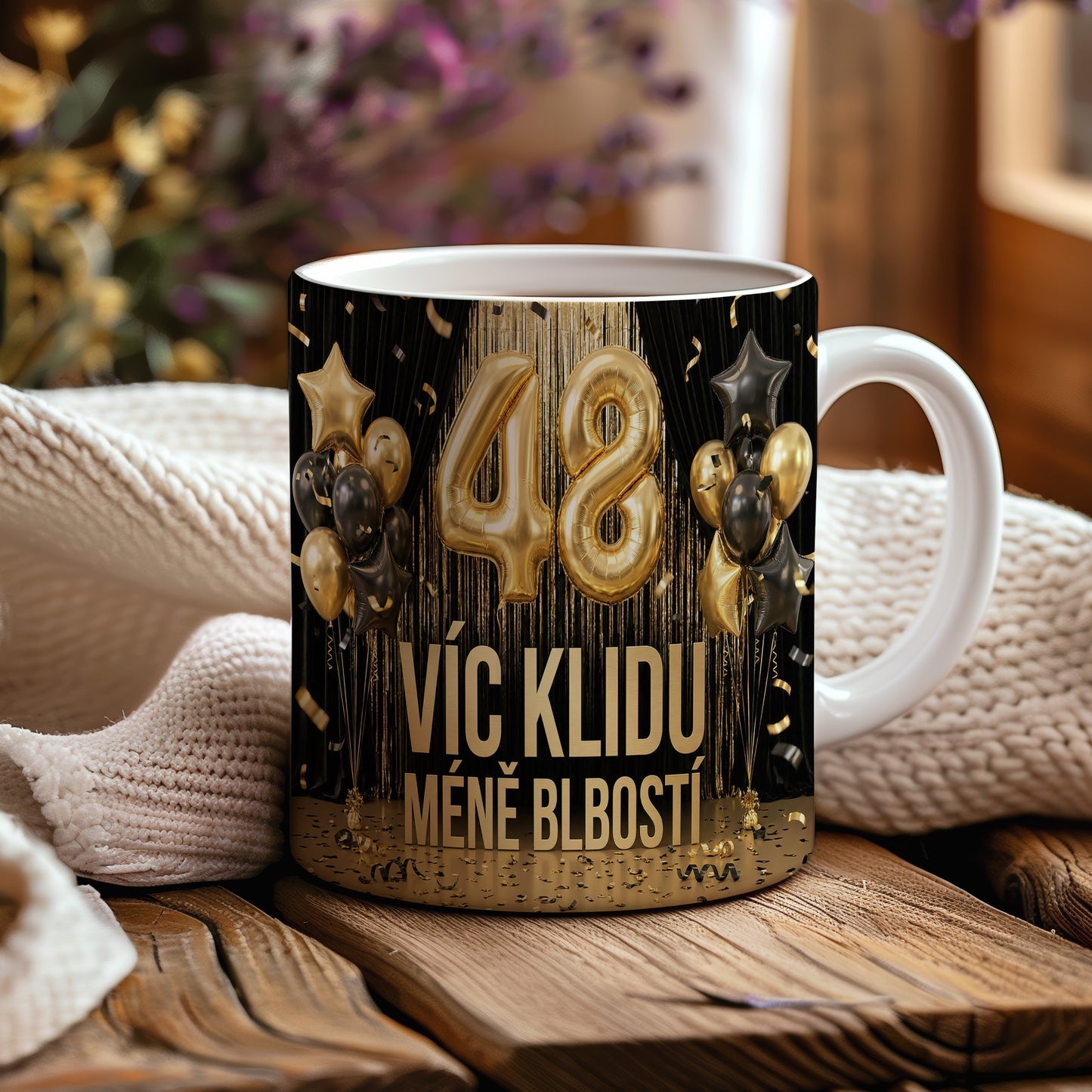 Narozeninový hrnek 48 let – VÍC KLIDU MÉNĚ BLBOSTÍ