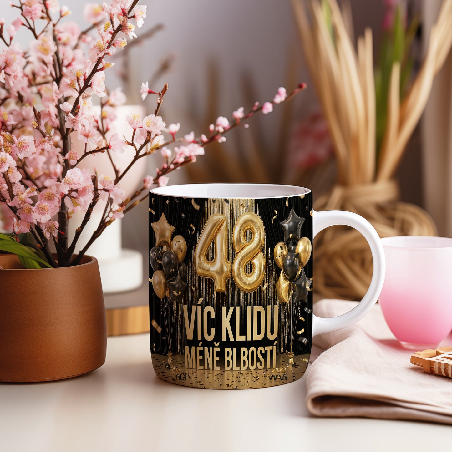 Narozeninový hrnek 48 let – VÍC KLIDU MÉNĚ BLBOSTÍ