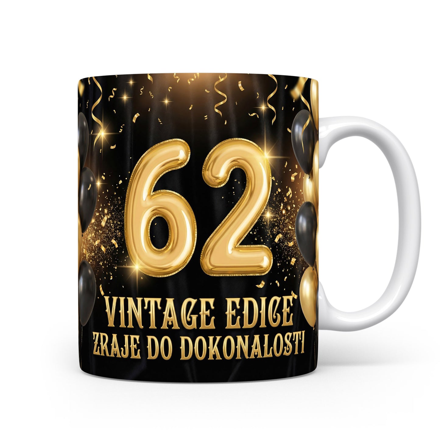 Hrnček s číslem 62 a nápisem VINTAGE EDICE ZRAJE DO DOKONALOSTI