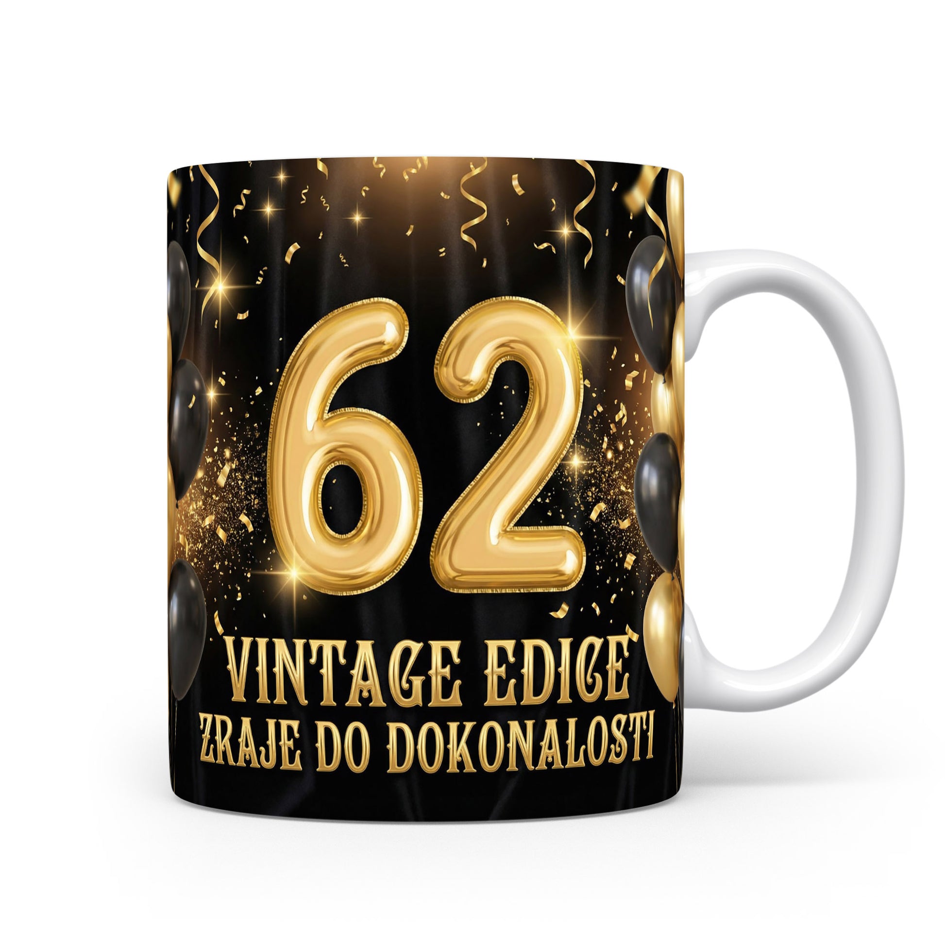 Hrnček s číslem 62 a nápisem VINTAGE EDICE ZRAJE DO DOKONALOSTI