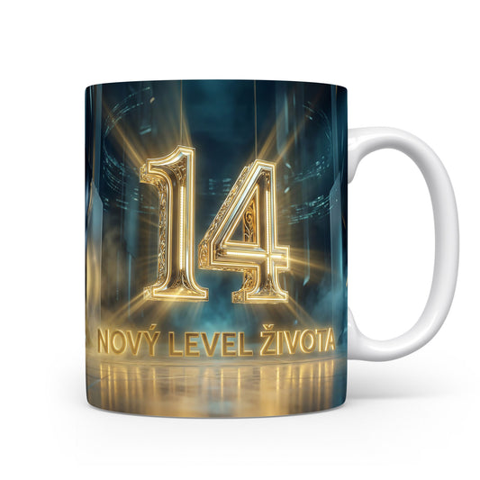 Hrnček s číslem 14 a nápisem 'NOVÝ LEVEL ŽIVOTA'.