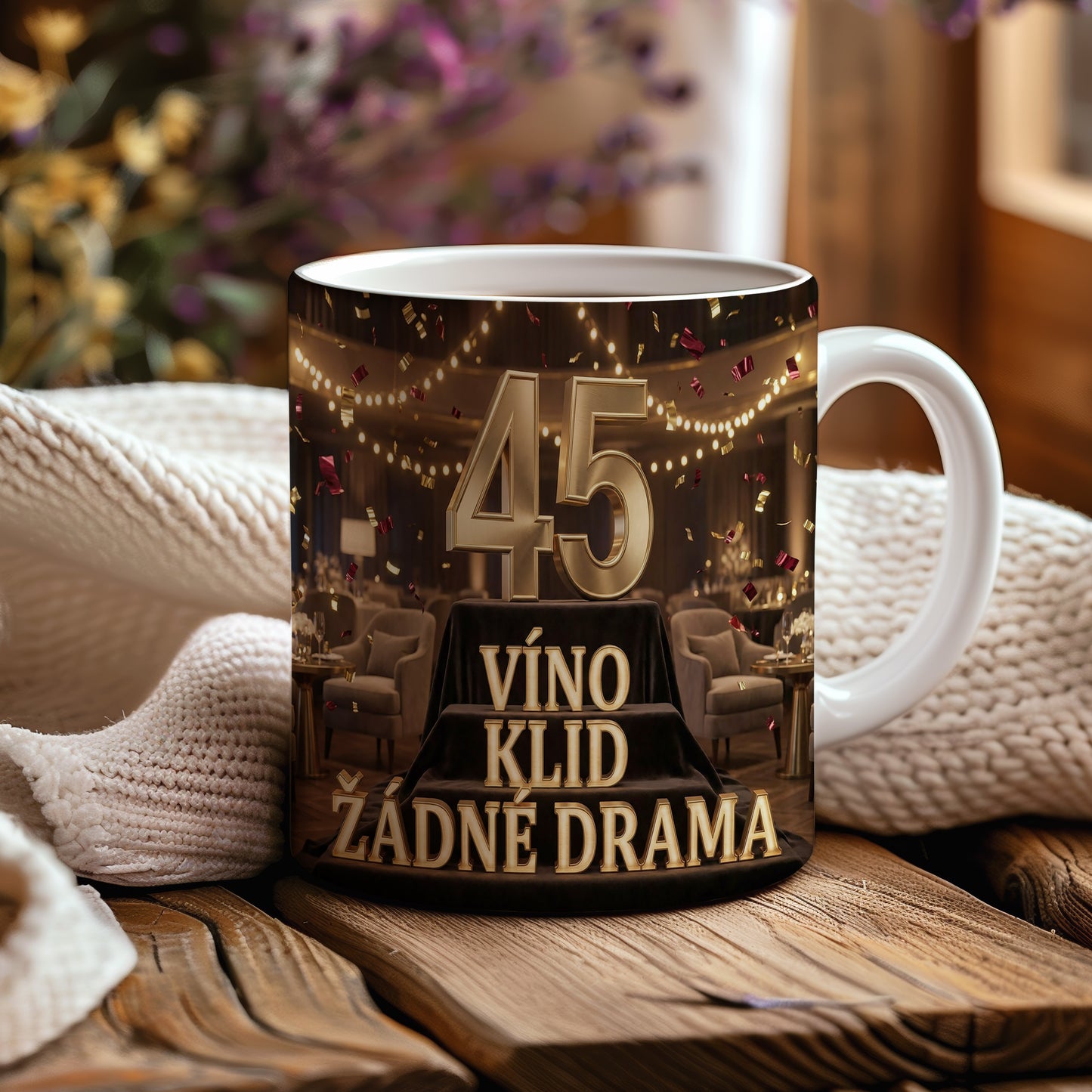 Narozeninový hrnek 45 let – VÍNO KLID ŽÁDNÉ DRAMA