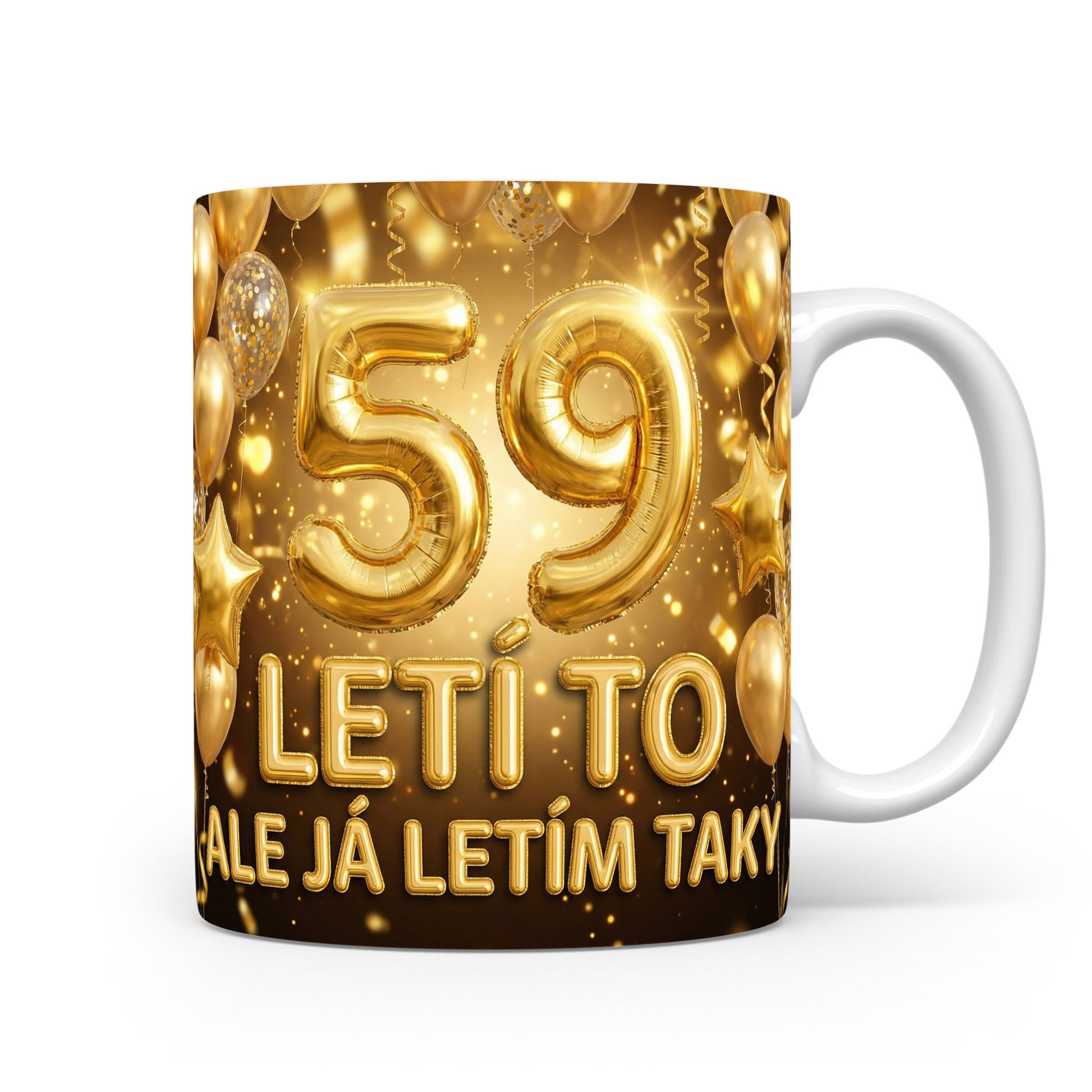 Narozeninový hrnek s číslem 59 a zlatými balónky.
