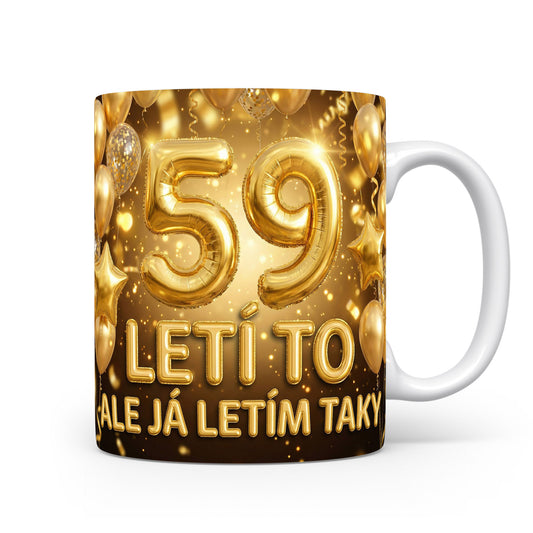 Narozeninový hrnek s číslem 59 a zlatými balónky.