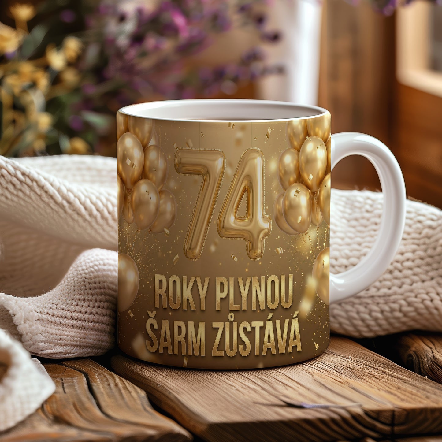Narozeninový hrnek 74 let – ROKY PLYNOU ŠARM ZŮSTÁVÁ