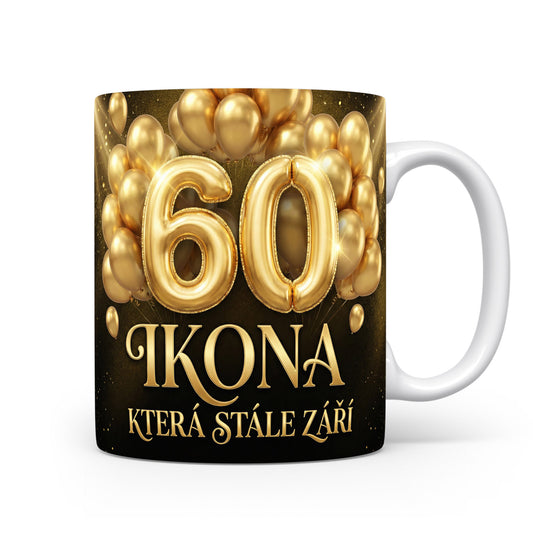 Hrnček s číslem 60 a nápisem IKONA KTERÁ STÁLE ZÁŘÍ