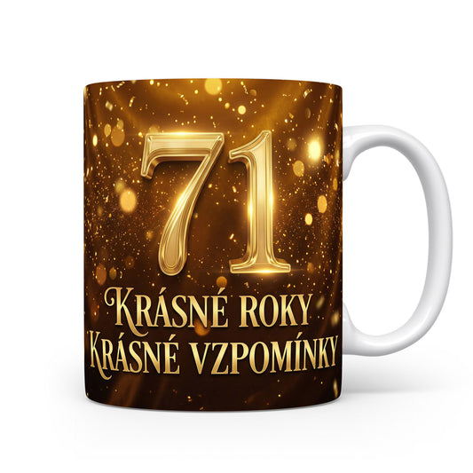 Hnědý hrnek s číslem 71 a sloganem