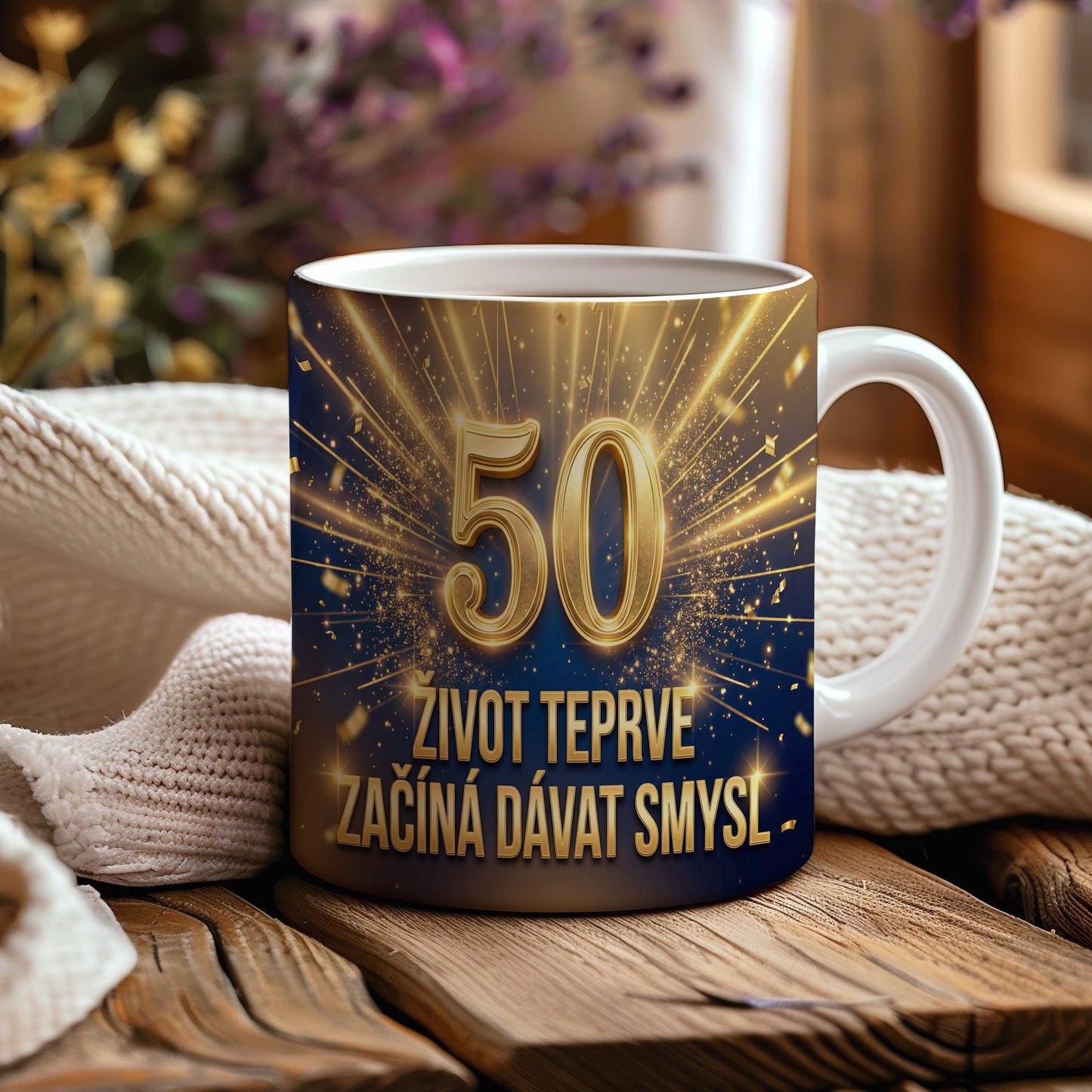 Narozeninový hrnek 50 let – ŽIVOT TEPRVE ZAČÍNÁ DÁVAT SMYSL.