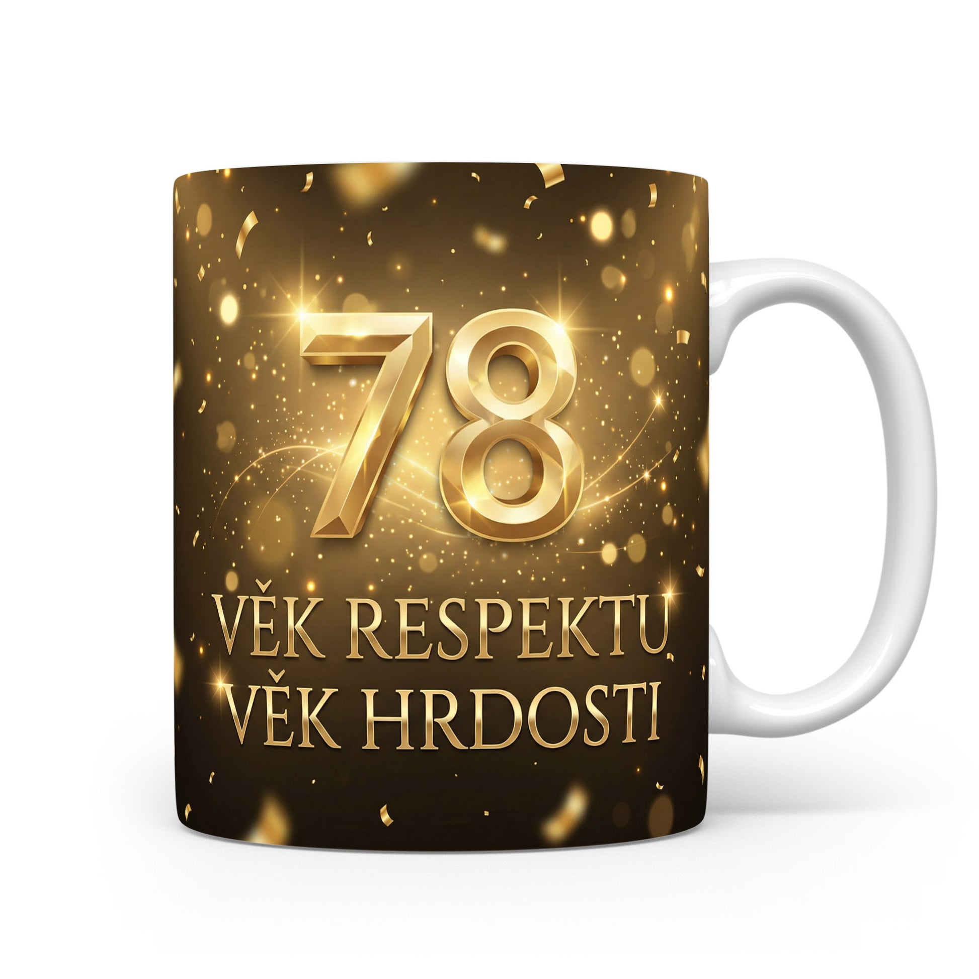 Hnědý hrnek s číslem 78 a nápisem VĚK RESPEKTU VĚK HRDOSTI