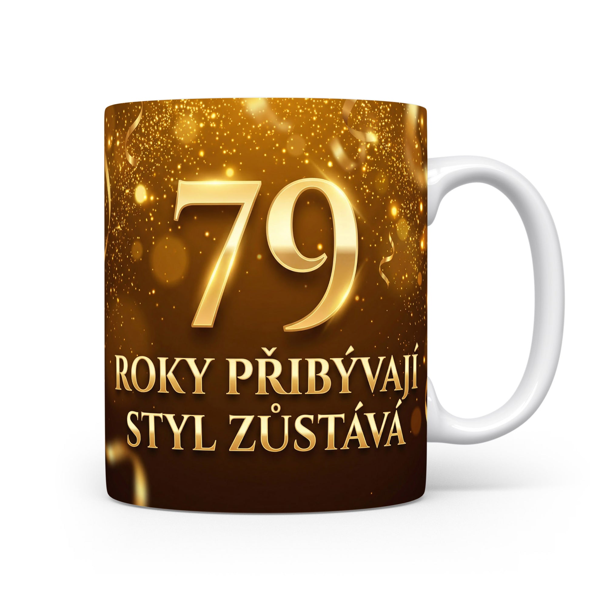 Hnědý hrnek s nápisem k 79. narozeninám