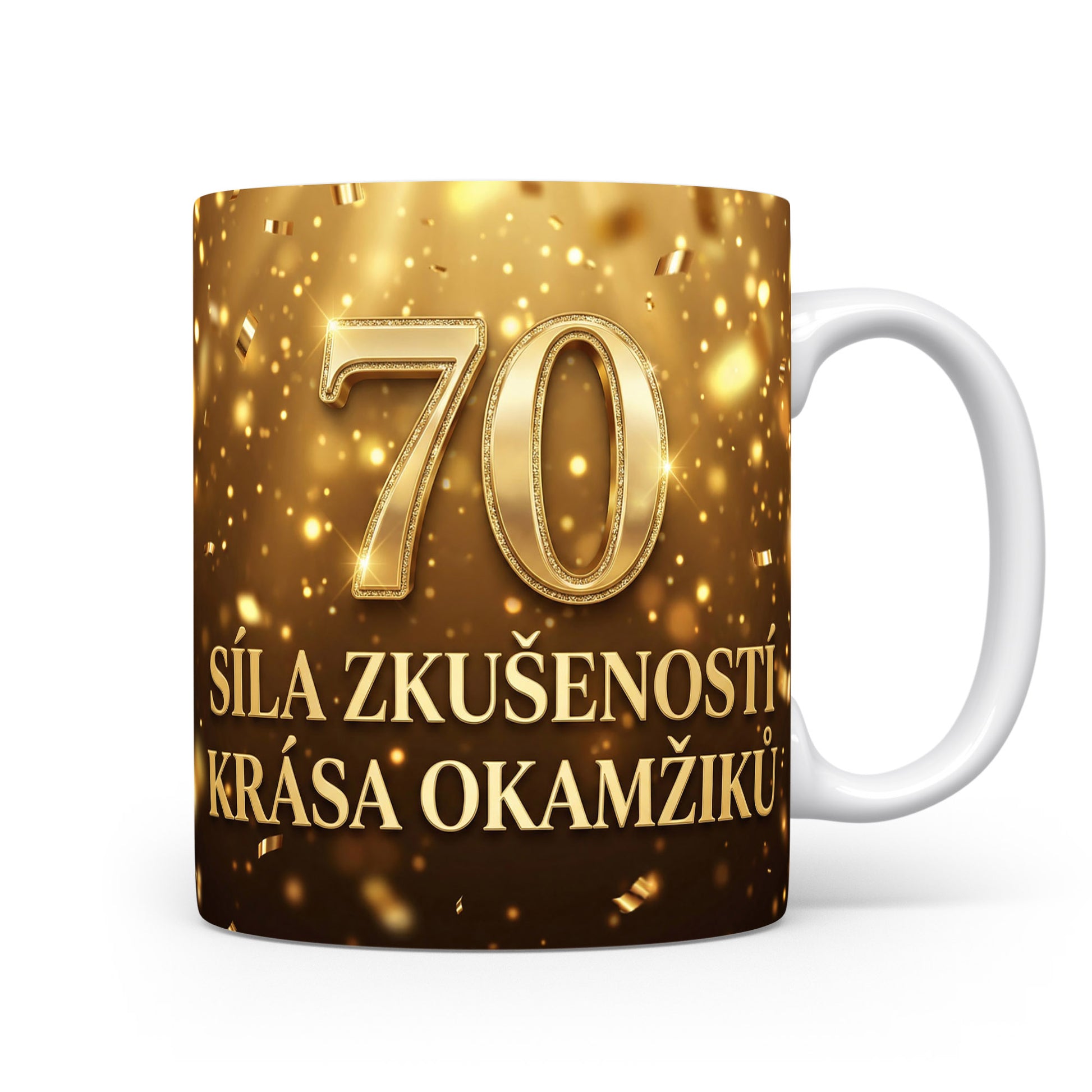 Hnědý hrnek s číslem 70 a nápisem