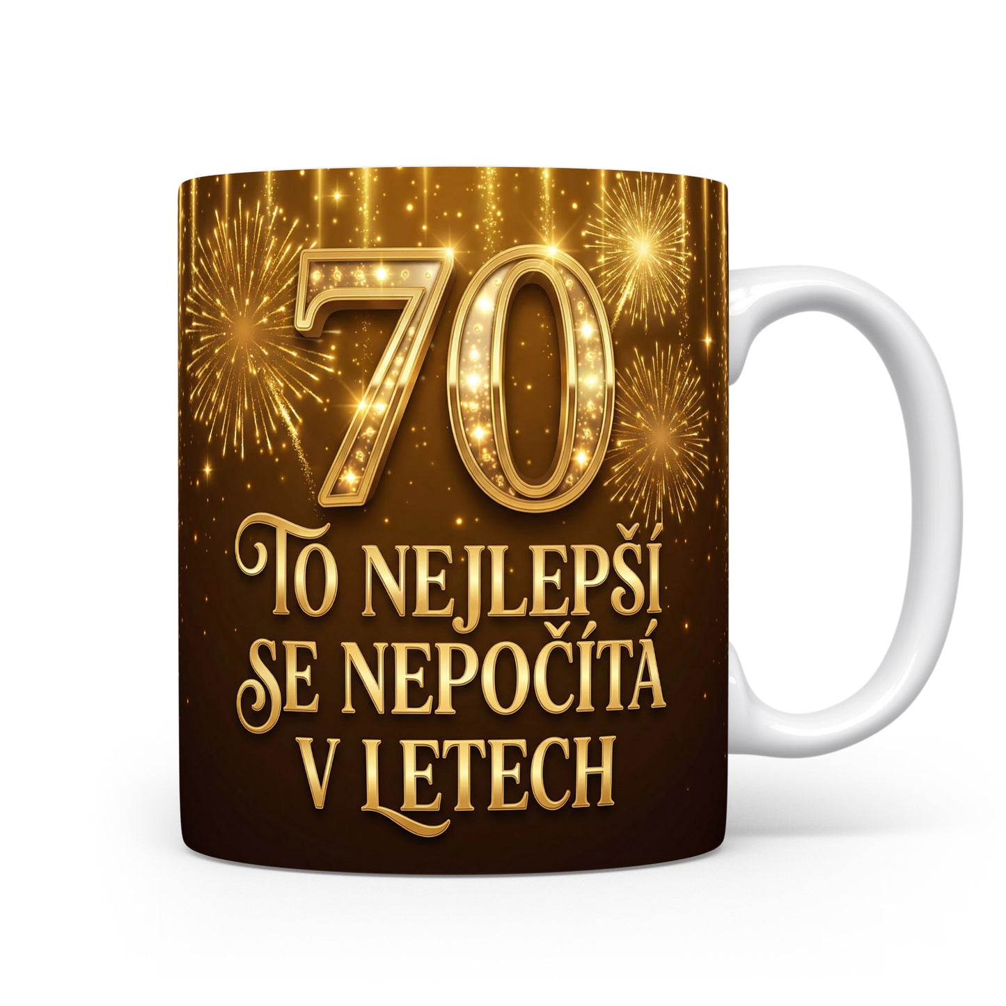 Hnědý hrnek s číslem 70 a nápisem