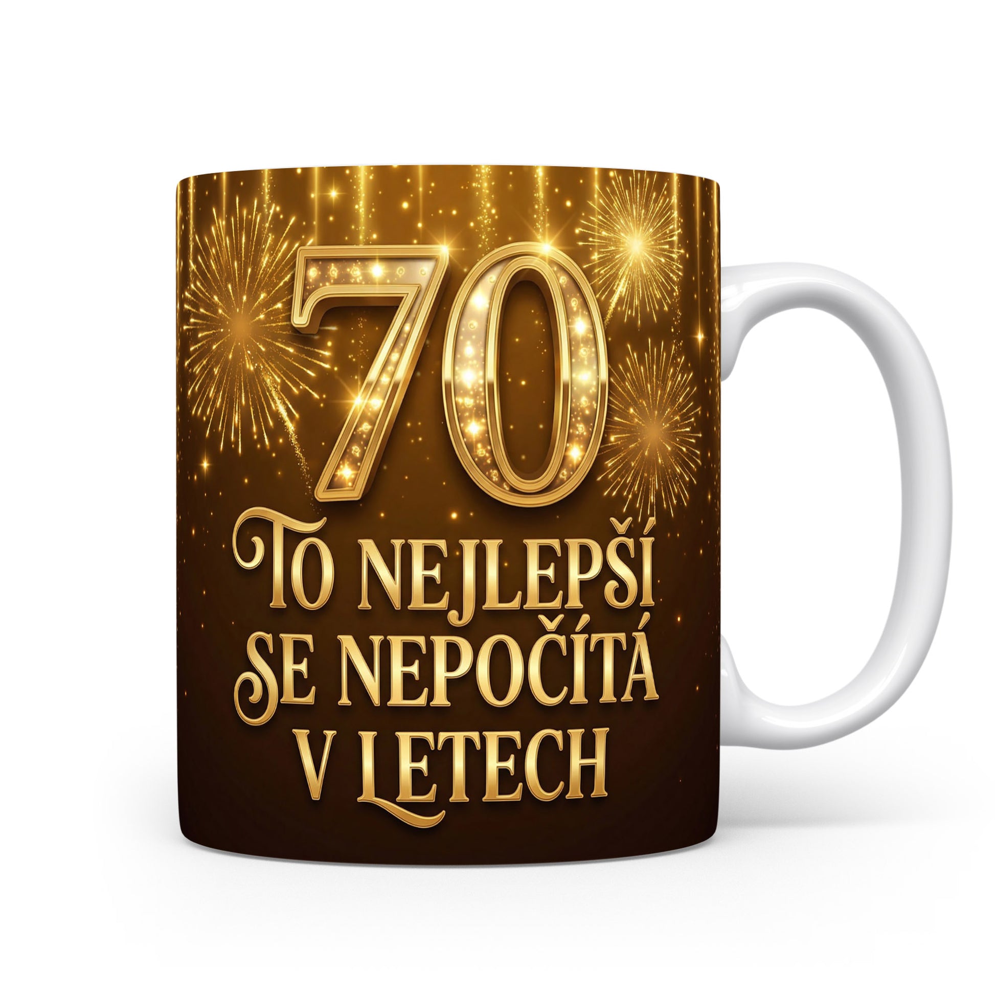Hnědý hrnek s číslem 70 a nápisem
