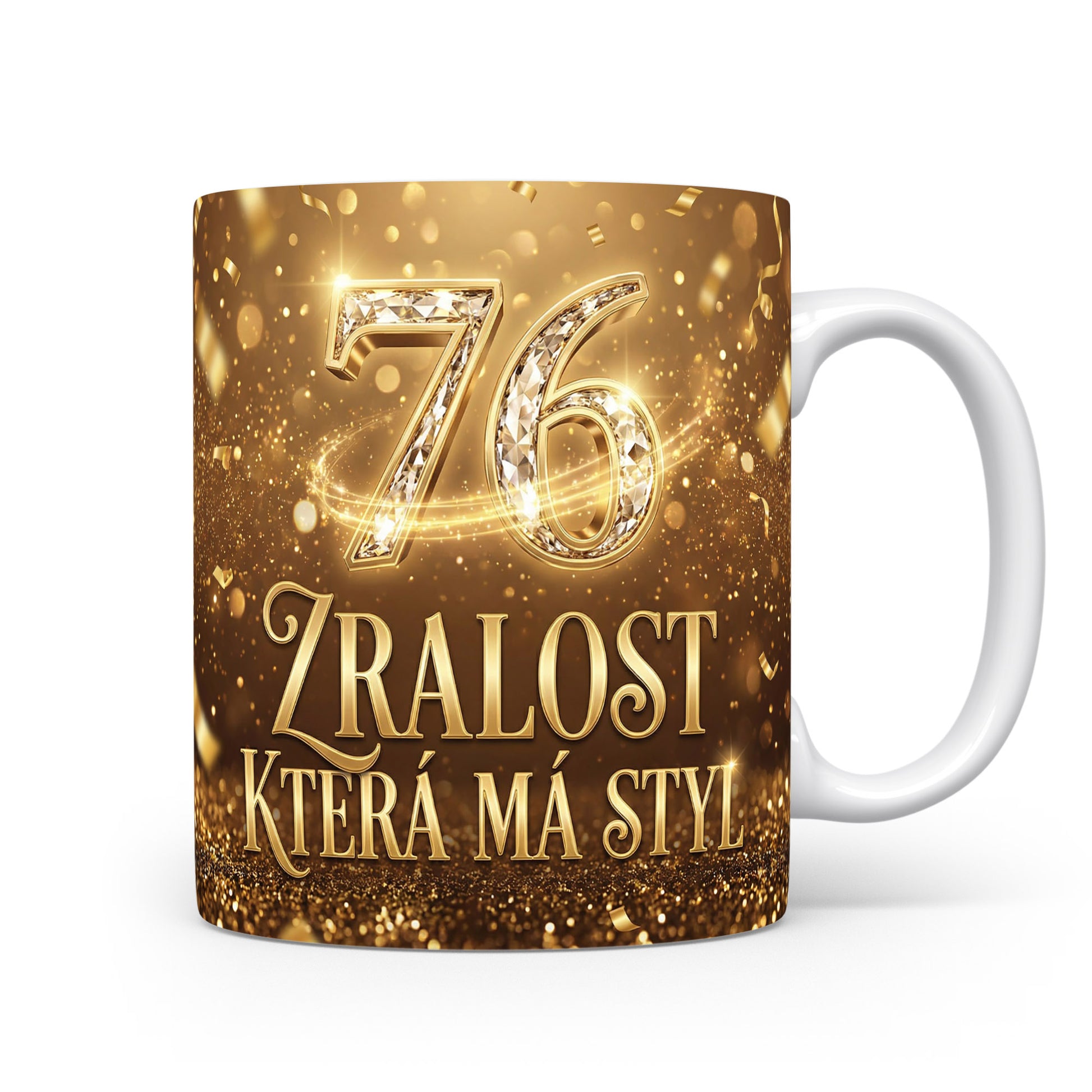 Hnědý hrnek s číslem 76 a nápisem ZRALOST KTERÁ MÁ STYL