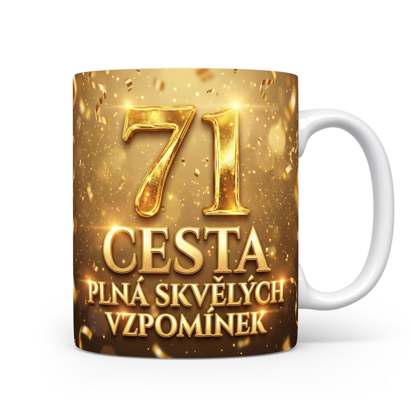 Hrnček s číslem 71 a nápisem Cesta plná skvělých vzpomínek