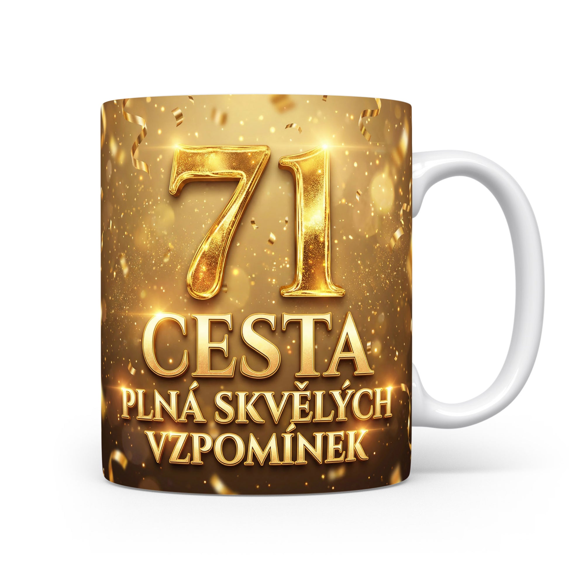 Hrnček s číslem 71 a nápisem Cesta plná skvělých vzpomínek