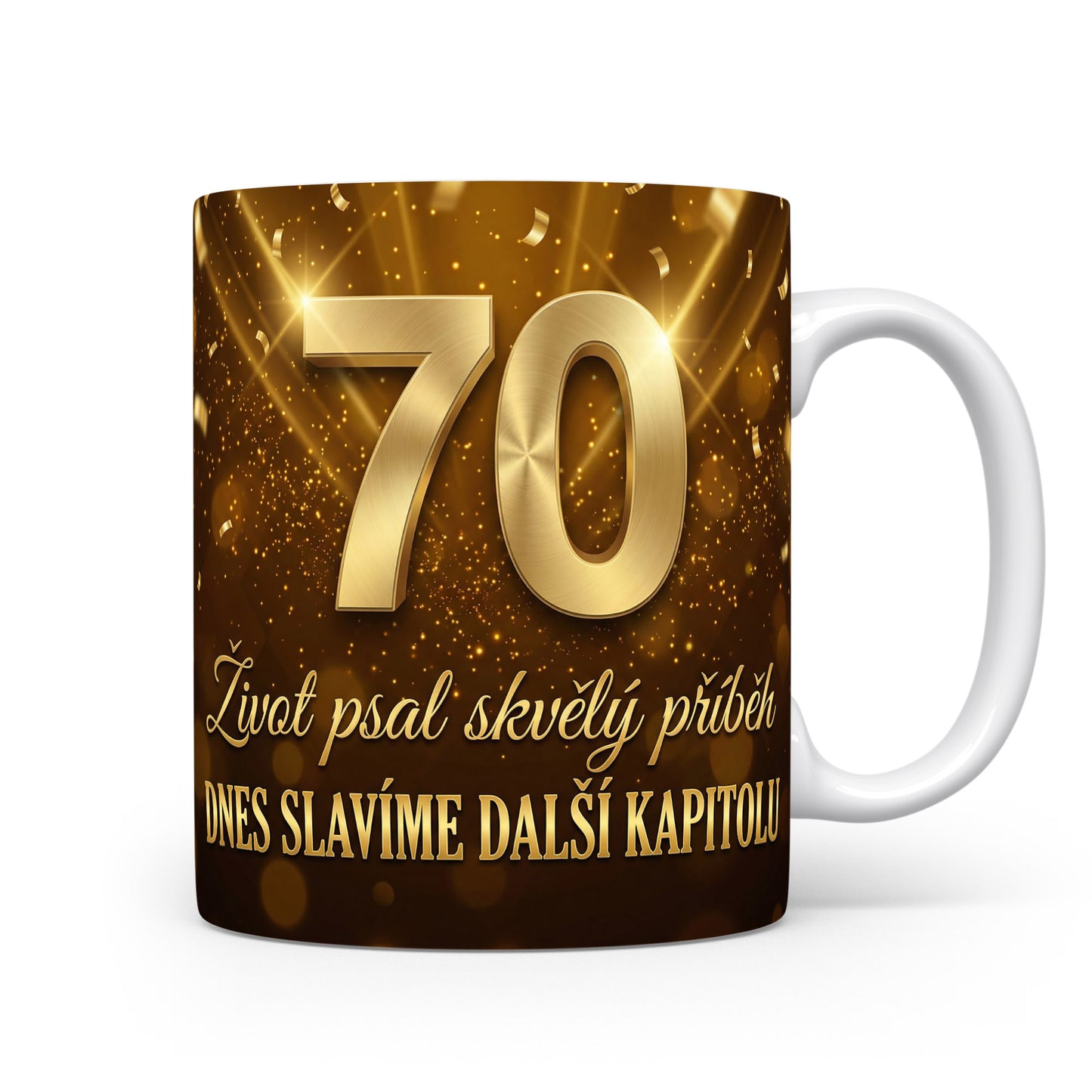 Hnědý hrnek s nápisem k 70. narozeninám