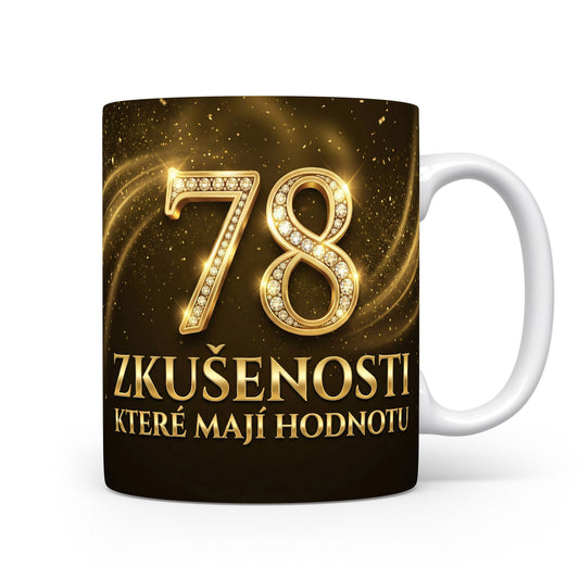 Hnědý hrnek s číslem 78 a textem ZKUŠENOSTI KTERÉ MAJÍ HODNOTU