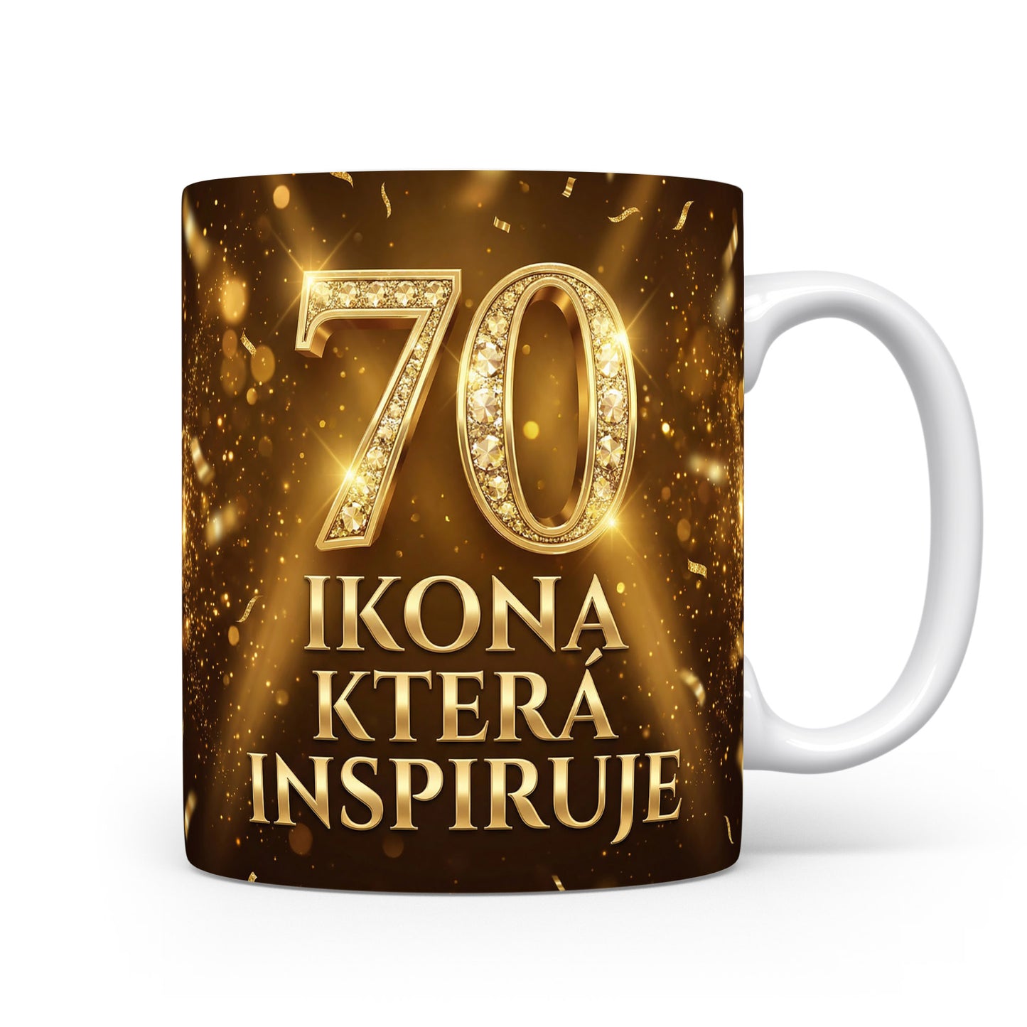 Hnědý hrnek s nápisem 70 Ikona která inspiruje