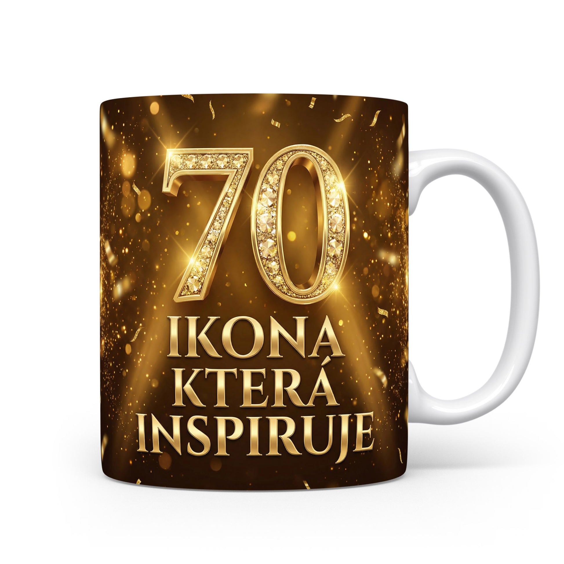 Hnědý hrnek s nápisem 70 Ikona která inspiruje