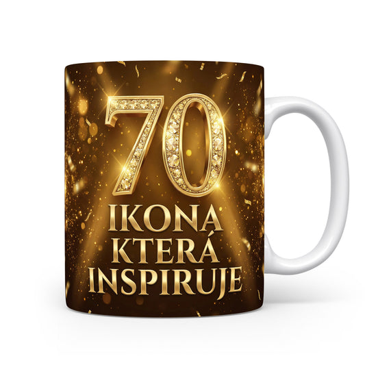 Hnědý hrnek s nápisem 70 Ikona která inspiruje
