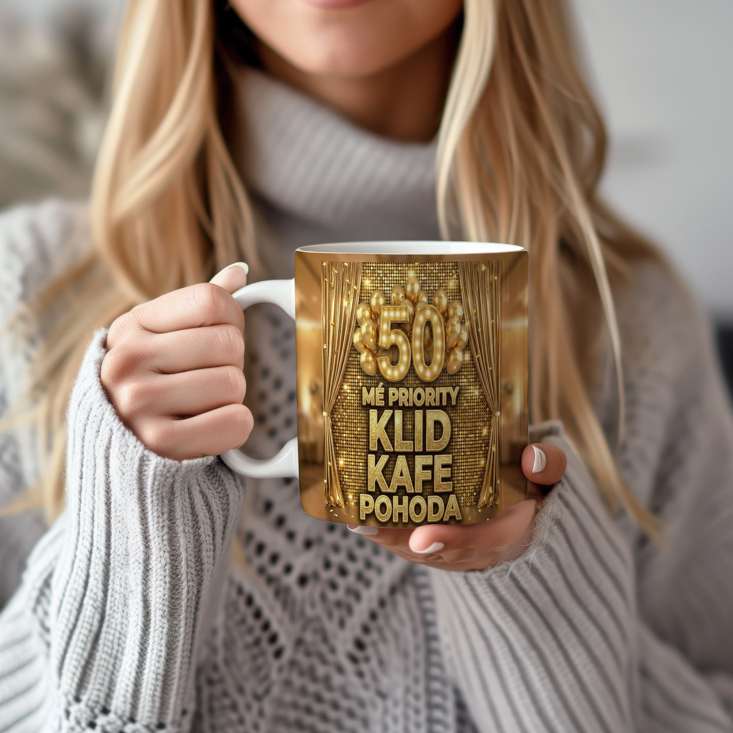 Narozeninový hrnek 50 let – MÉ PRIORITY KLID KAFE POHODA