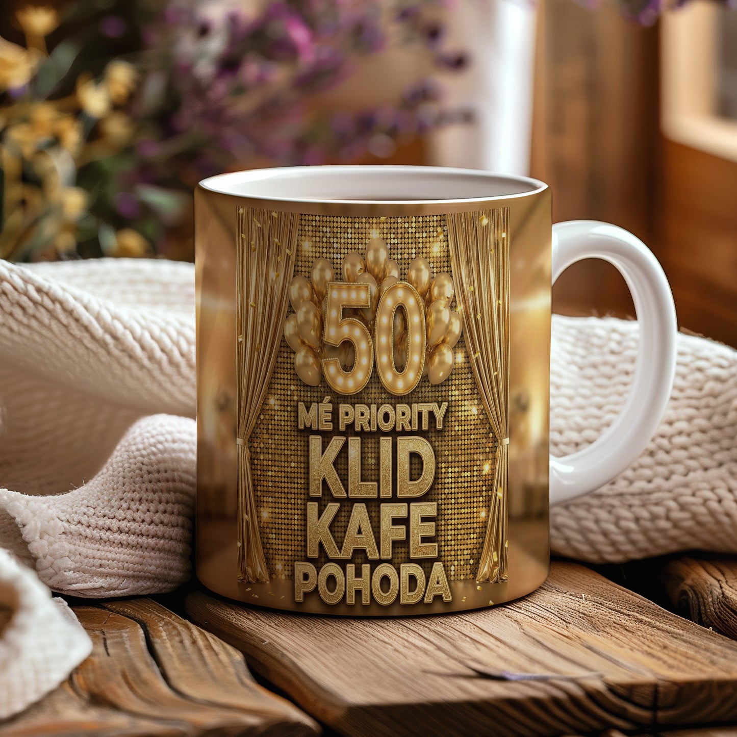 Narozeninový hrnek 50 let – MÉ PRIORITY KLID KAFE POHODA