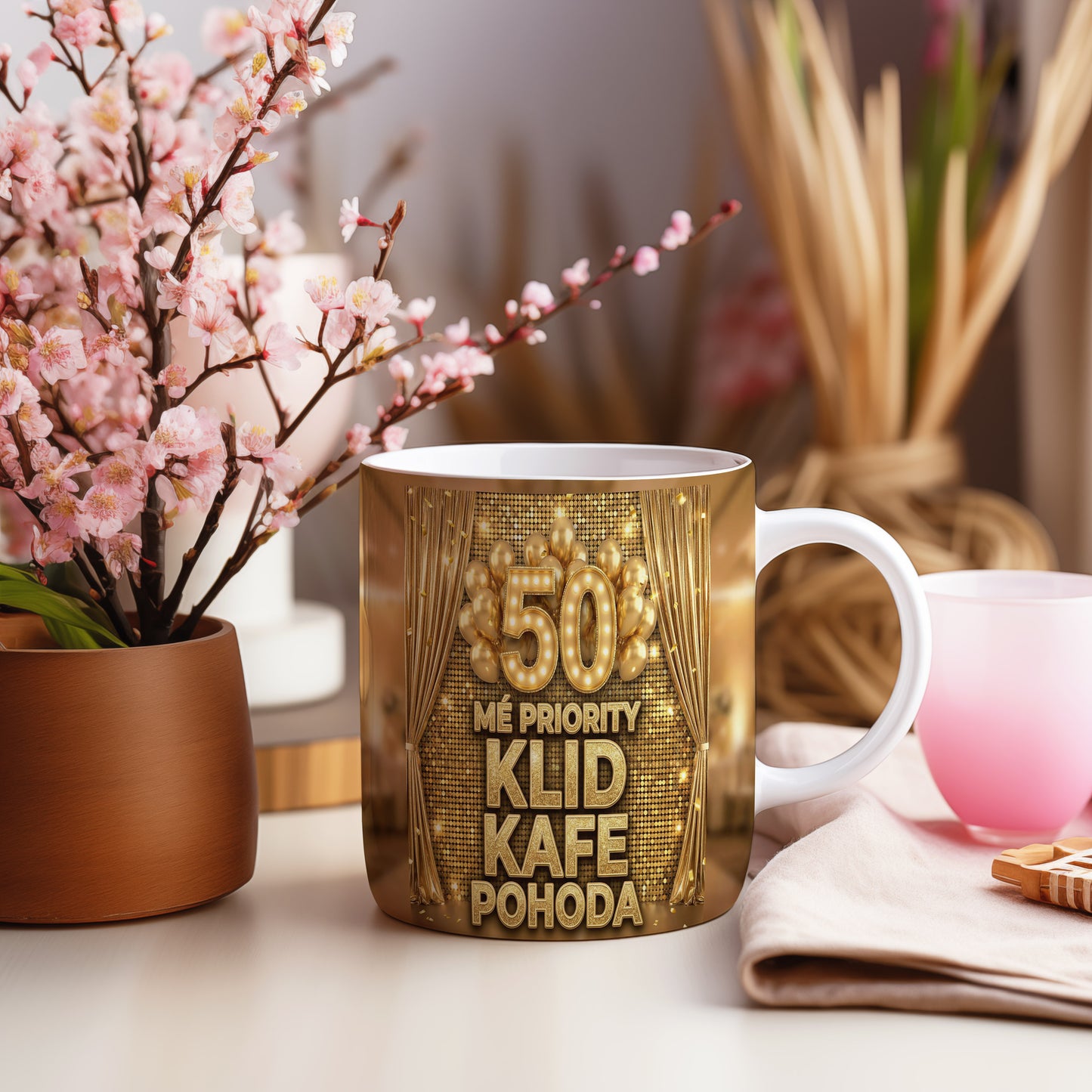 Narozeninový hrnek 50 let – MÉ PRIORITY KLID KAFE POHODA