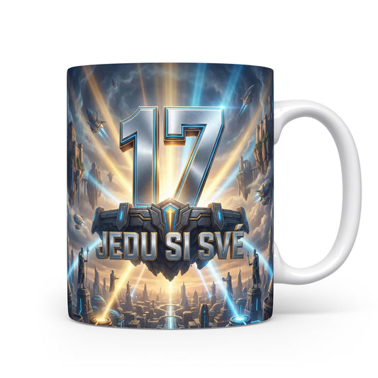 Hrnček s nápisem JEDU SI SVÉ a číslem 17