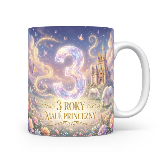 Hrnček s číslem 3 a nápisem '3 ROKY MALÉ PRINCEZNY'