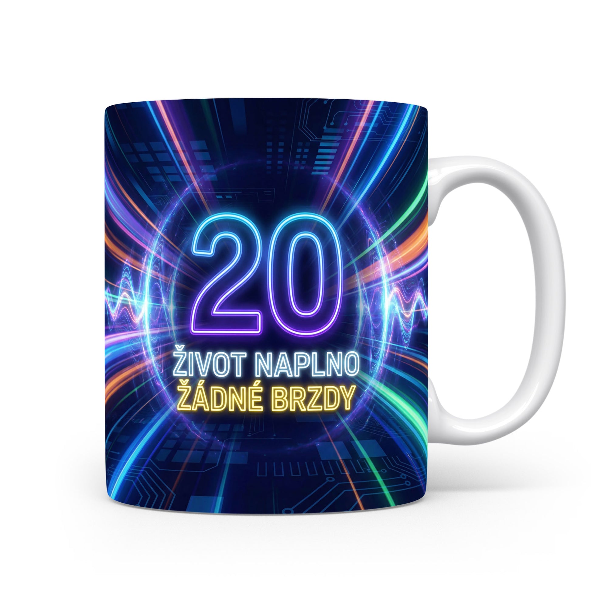 Hrnček s nápisem 20 ŽIVOT NAPLNO ŽÁDNÉ BRZDY