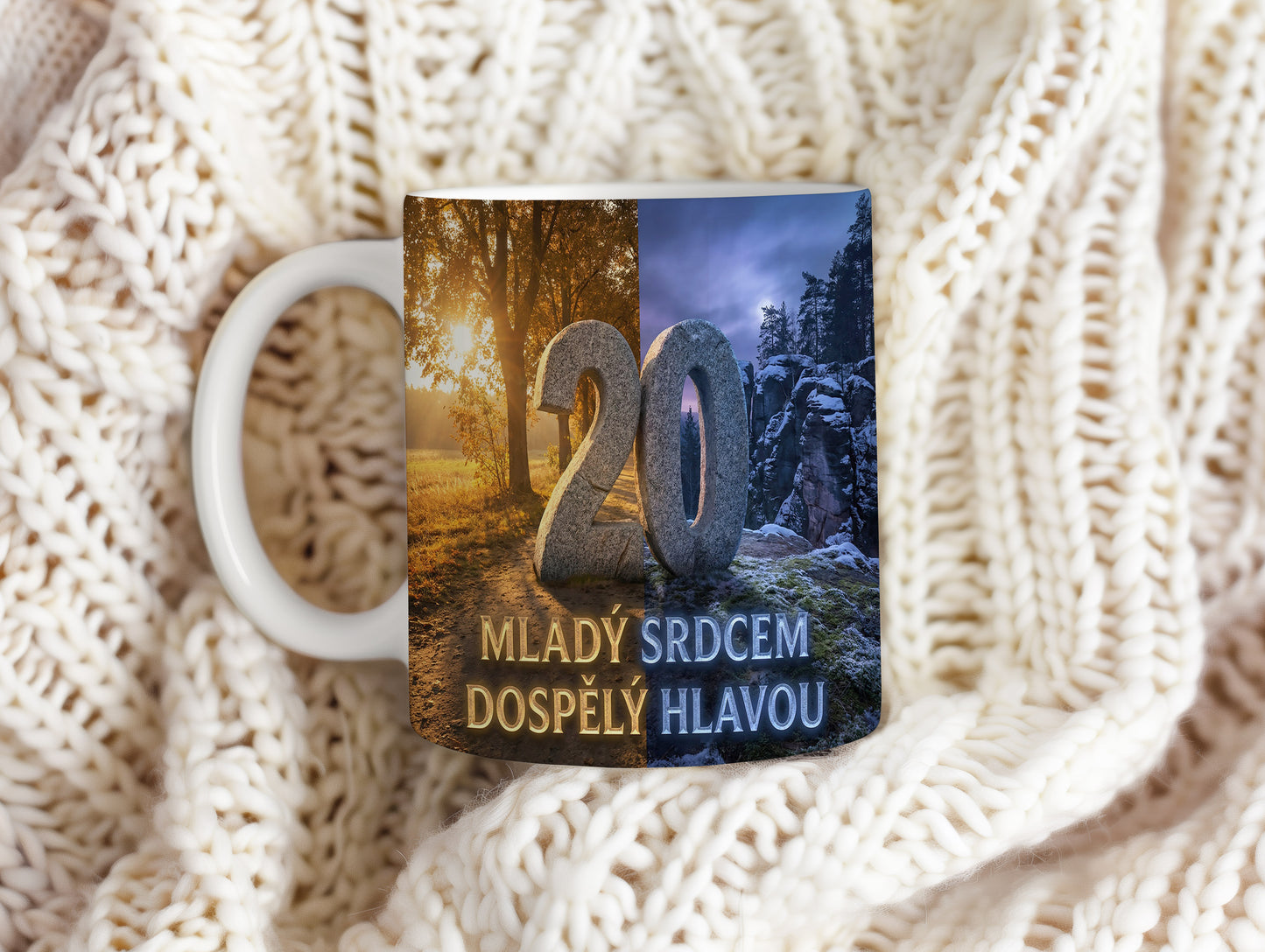 Narozeninový hrnek 20 let – MLADÝ SRDCEM DOSPĚLÝ HLAVOU