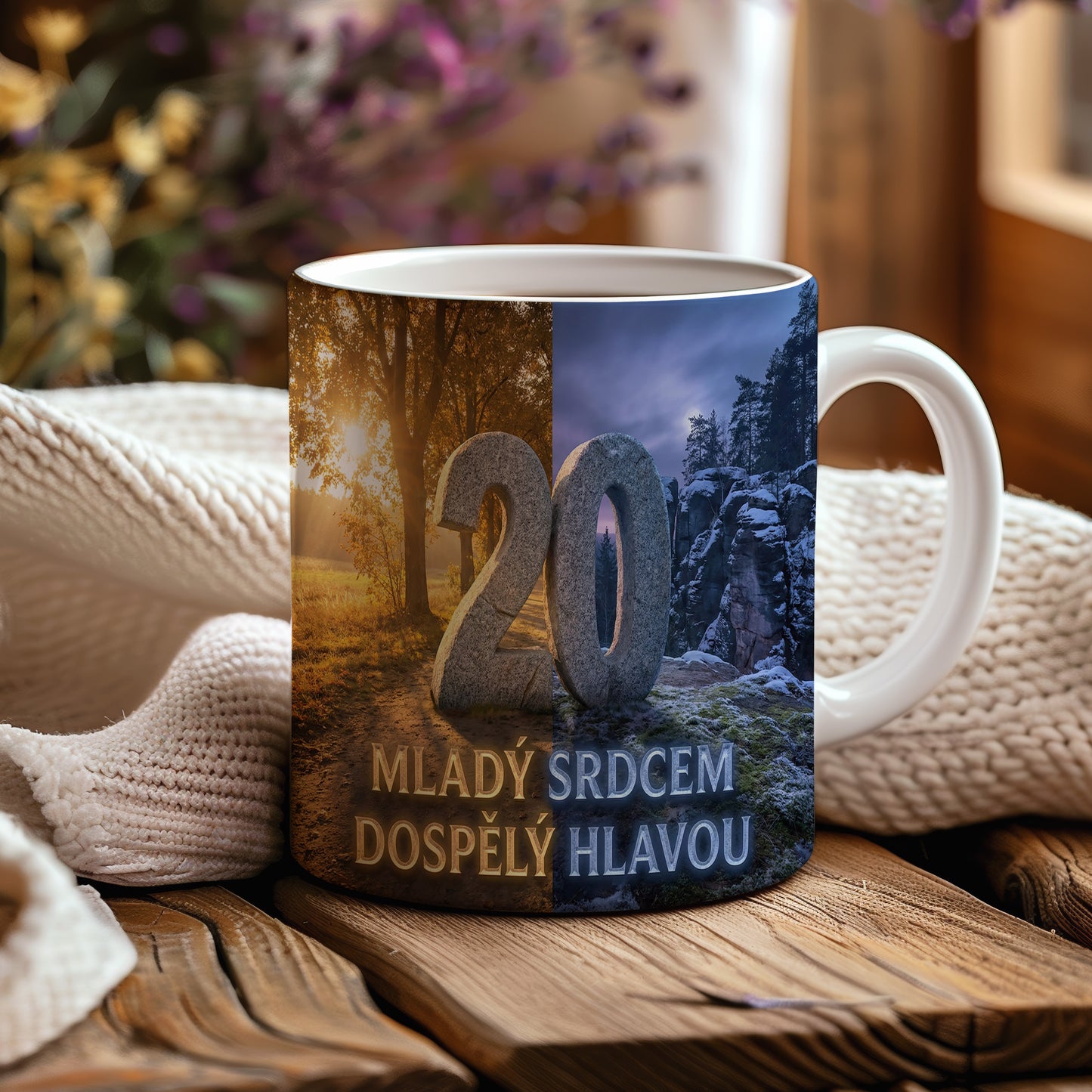 Narozeninový hrnek 20 let – MLADÝ SRDCEM DOSPĚLÝ HLAVOU
