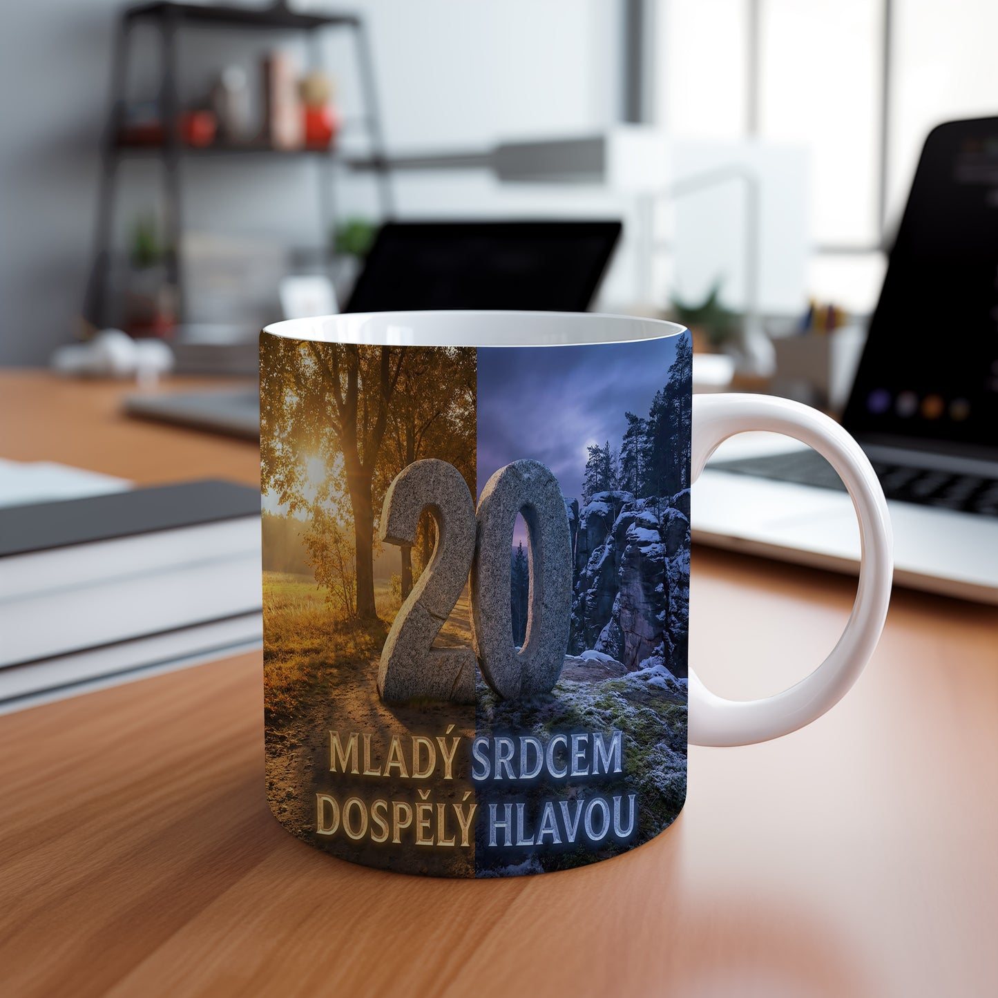 Narozeninový hrnek 20 let – MLADÝ SRDCEM DOSPĚLÝ HLAVOU