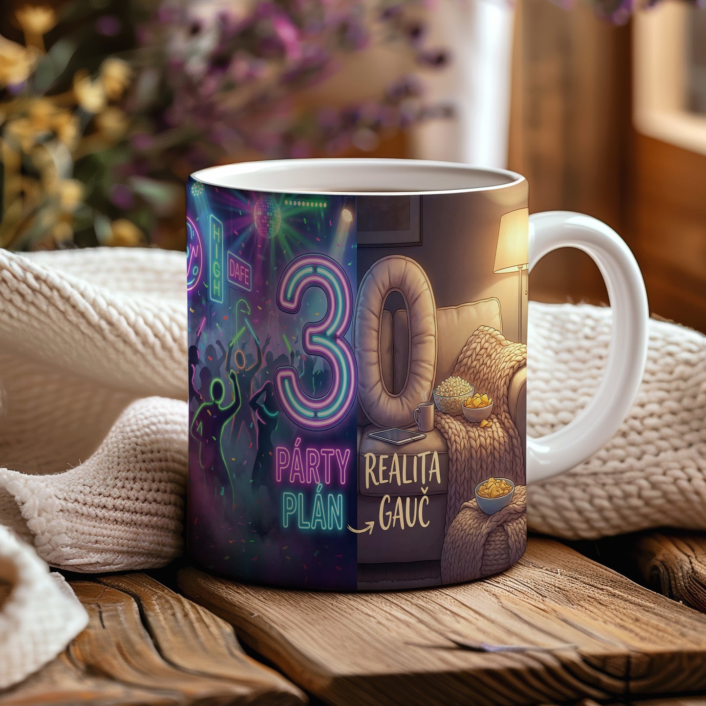 Narozeninový hrnek 30 let – PÁRTY PLÁN REALITA GAUČ
