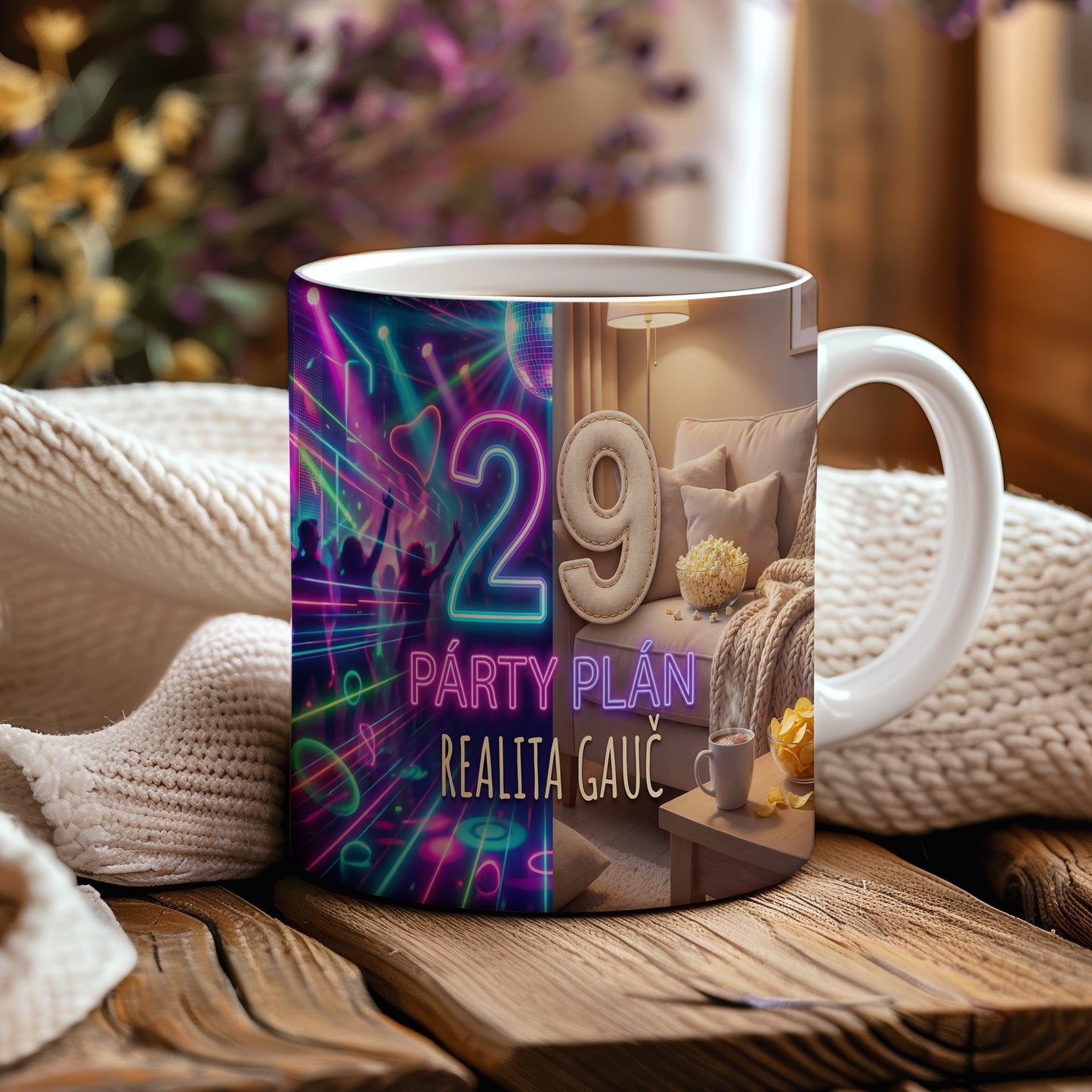 Narozeninový hrnek 29 let – PÁRTY PLÁN REALITA GAUČ