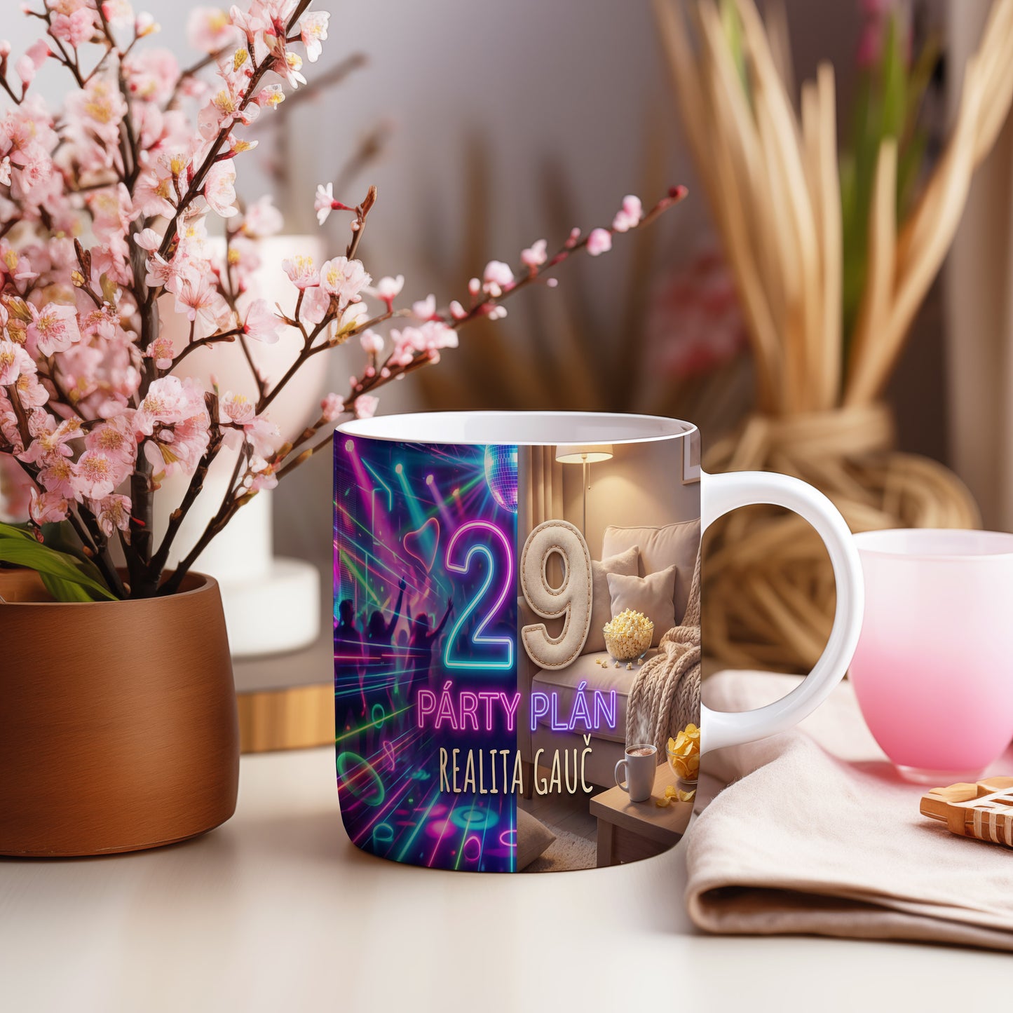 Narozeninový hrnek 29 let – PÁRTY PLÁN REALITA GAUČ