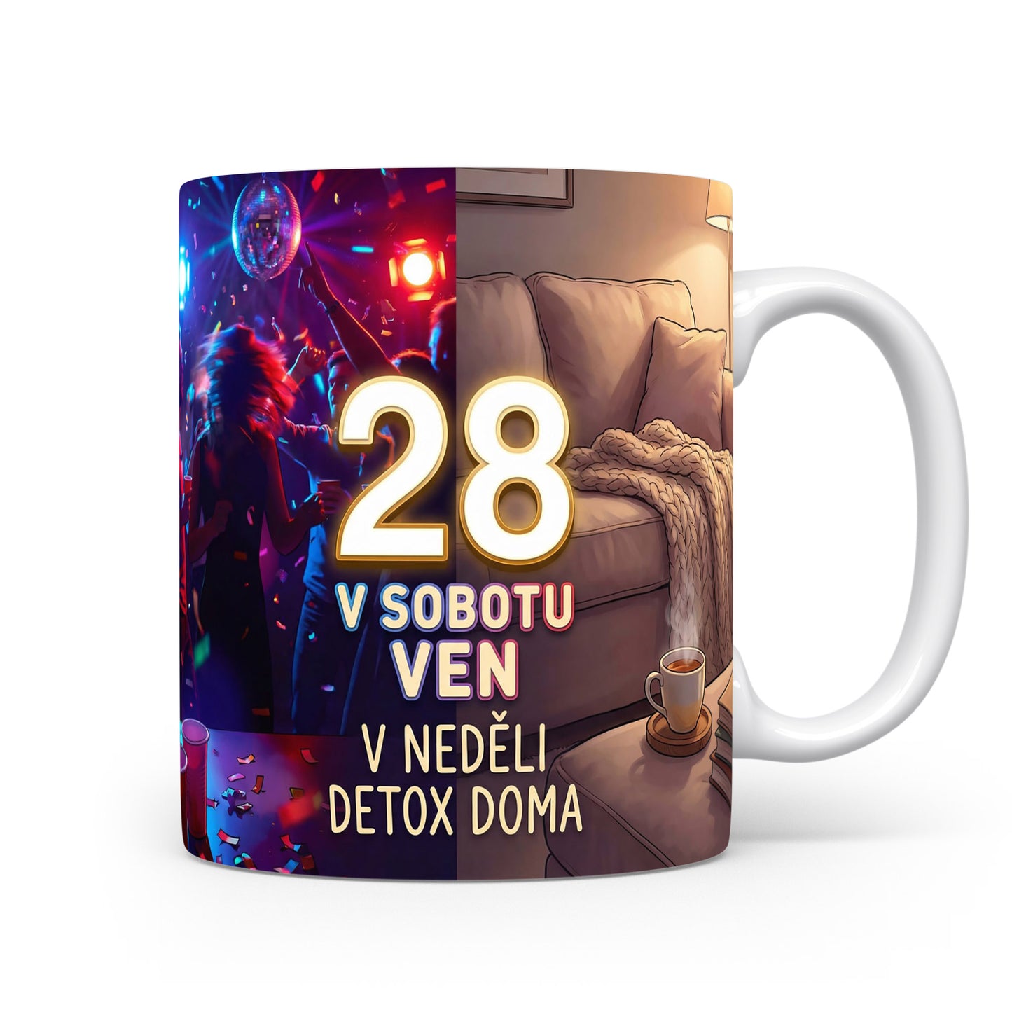Narozeninový hrnek s číslem 28 a vtipným textem.