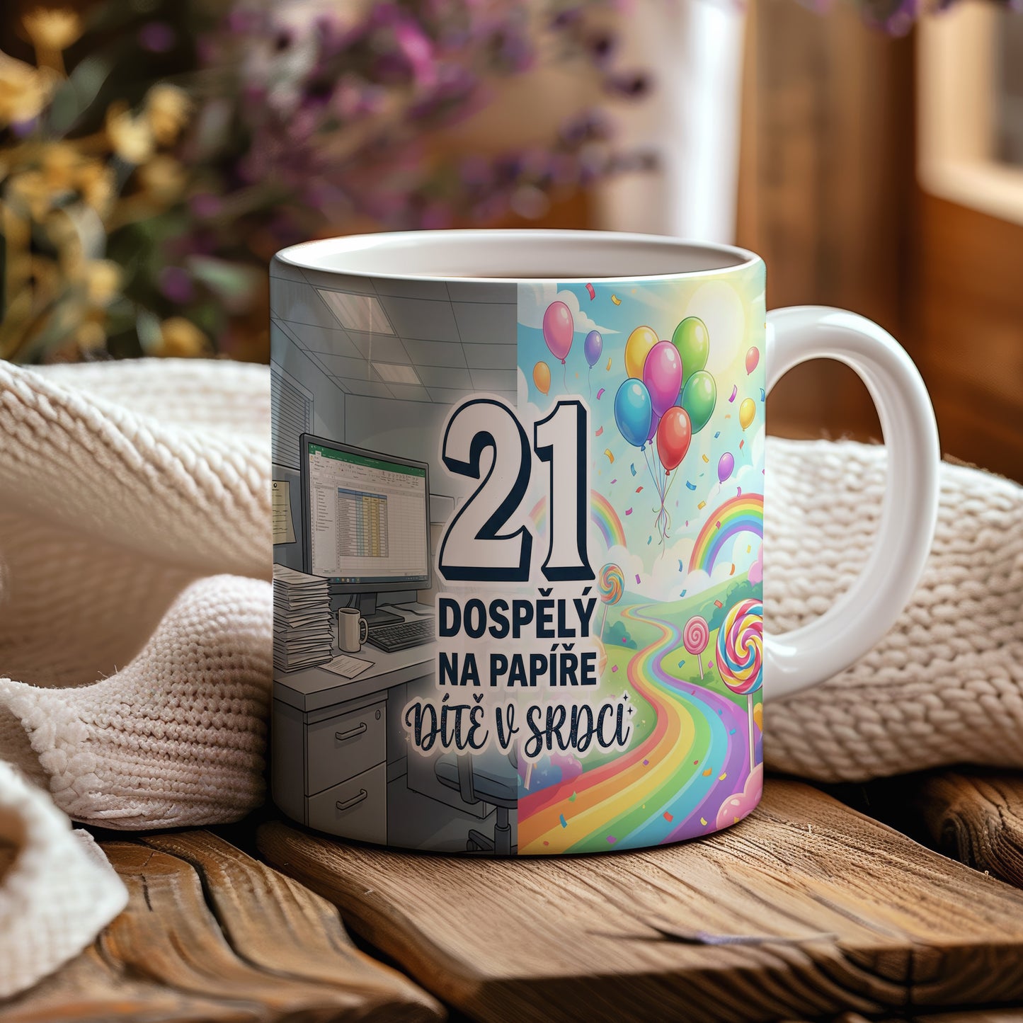 Narozeninový hrnek 21 let – DOSPĚLÝ NA PAPÍŘE DÍTĚ V SRDCI