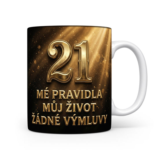 Hnědý hrnek s nápisem k 21. narozeninám