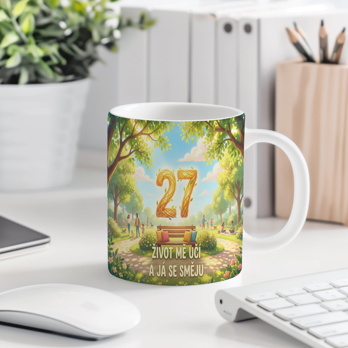 Narozeninový hrnek 27 let – ŽIVOT MĚ UČÍ A JÁ SE SMĚJU