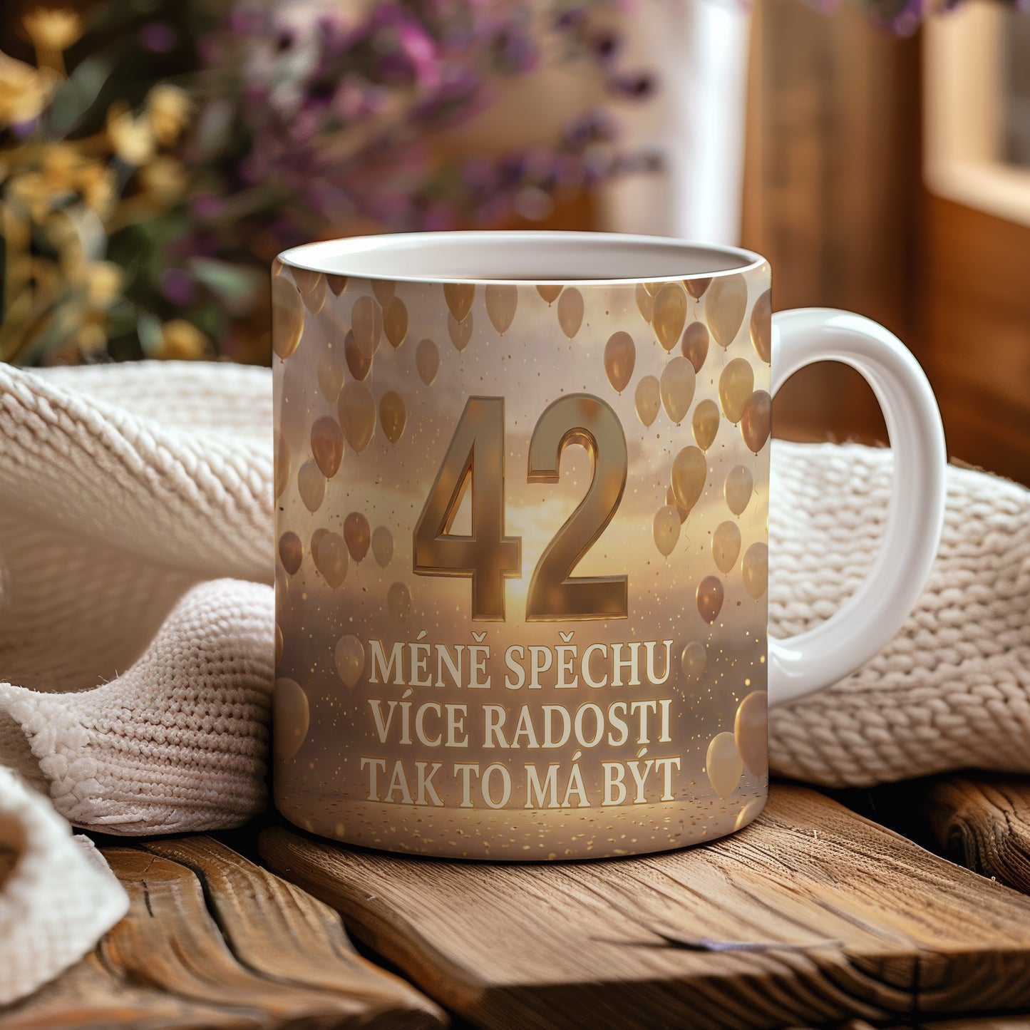 Narozeninový hrnek 42 let – MÉNĚ SPĚCHU VÍCE RADOSTI TAK TO MÁ BÝT