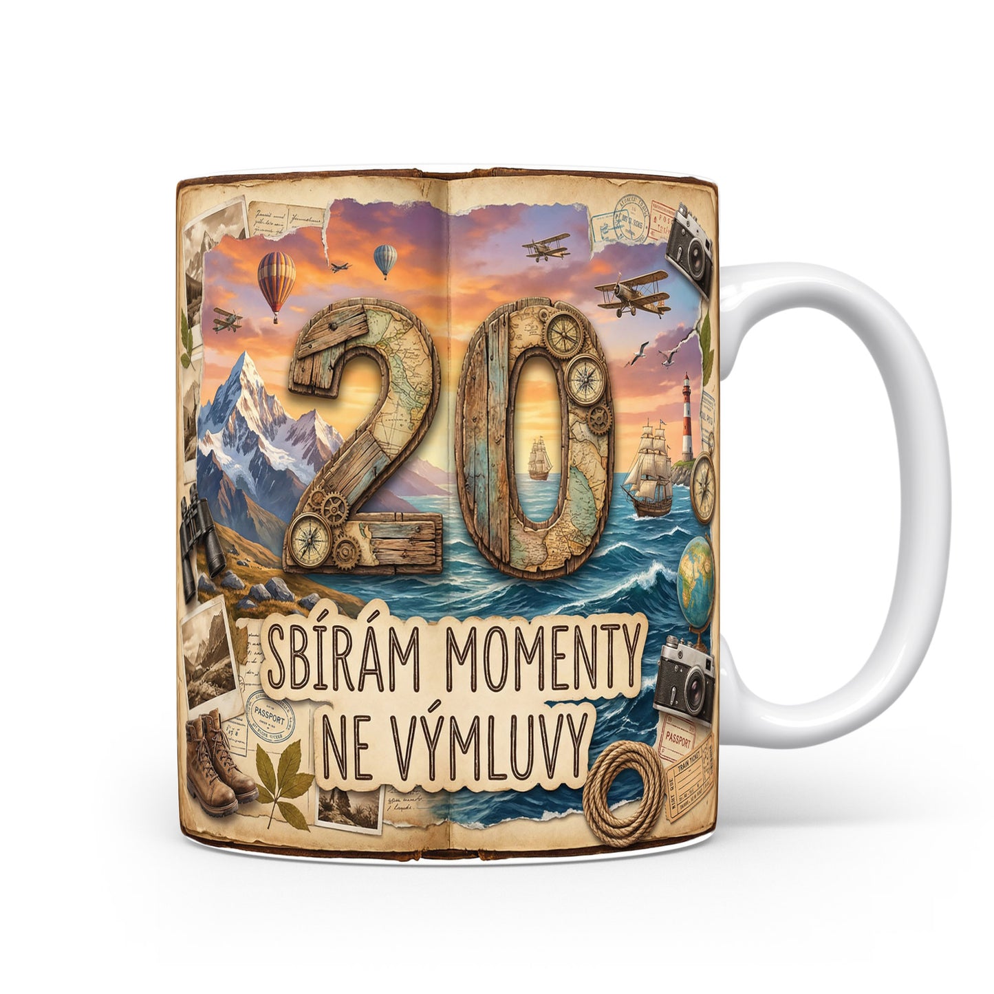 Hrnček s číslem 20 a nápisem SBÍRÁM MOMENTY NE VÝMLUVY