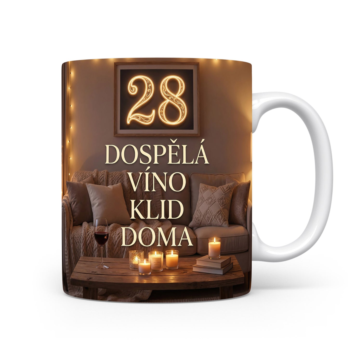 Hnědý hrnek s nápisem DOSPĚLÁ VÍNO KLID DOMA